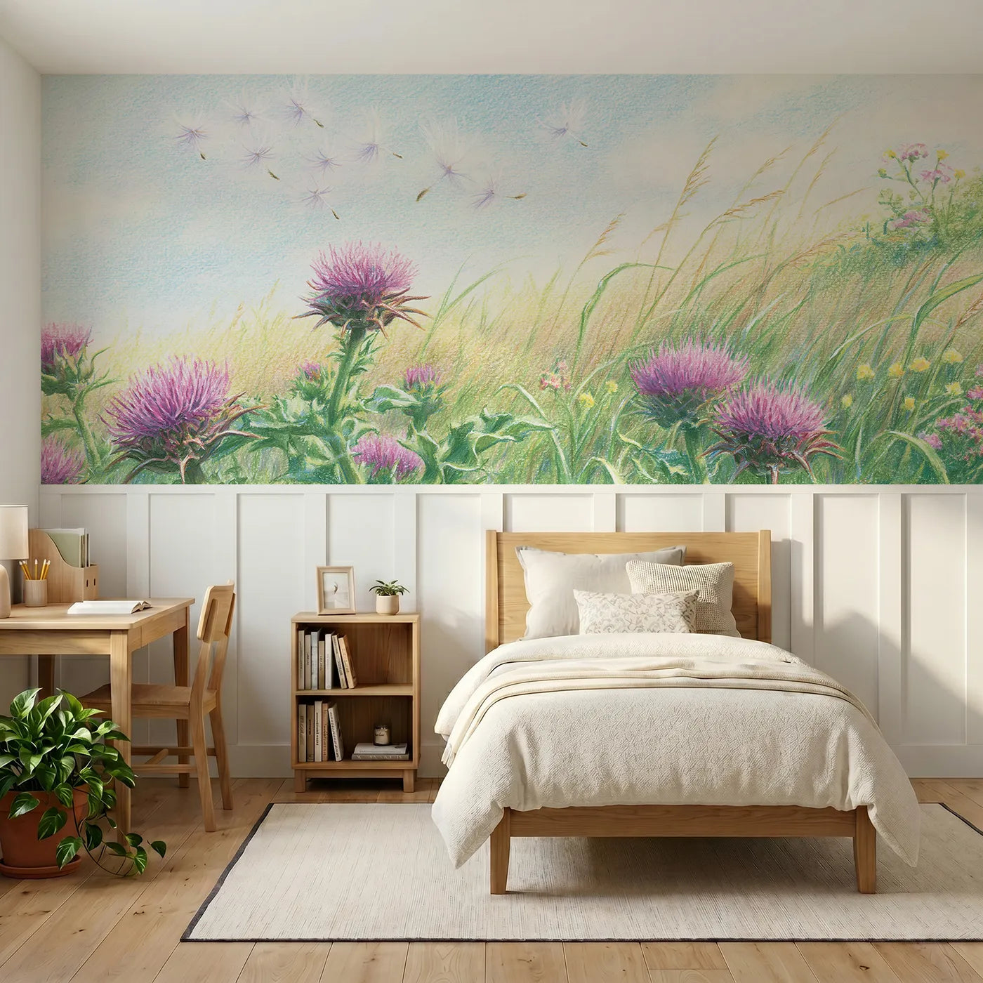 Colored pencil wainscoting wallpaper of thistledown in the wind by Whimsy Tots