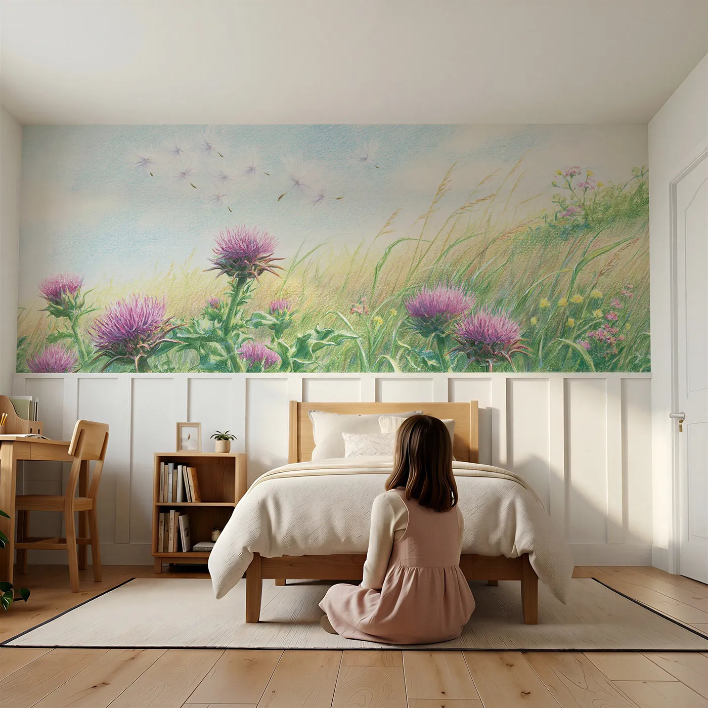 Child reading near Thistledown In The Wind Wainscoting Wallpaper by Whimsy Tots