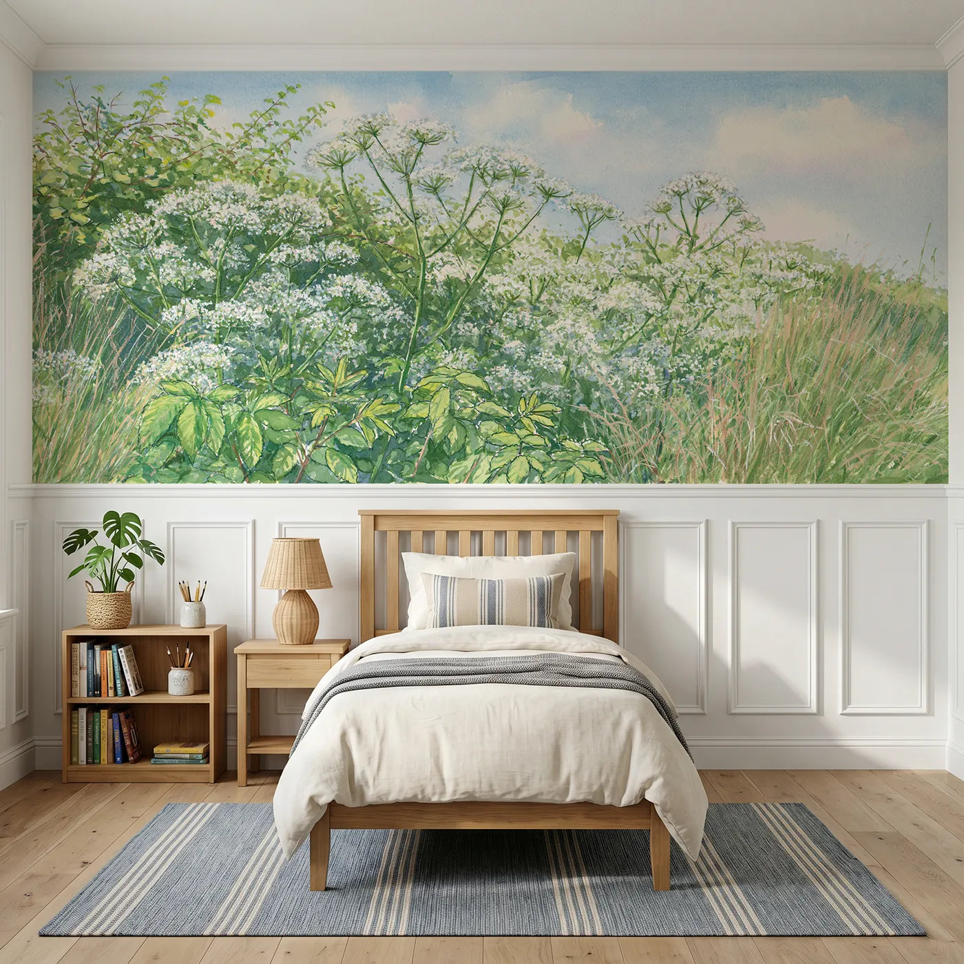 Colored pencil wainscoting wallpaper of cow parsley in the hedge by Whimsy Tots