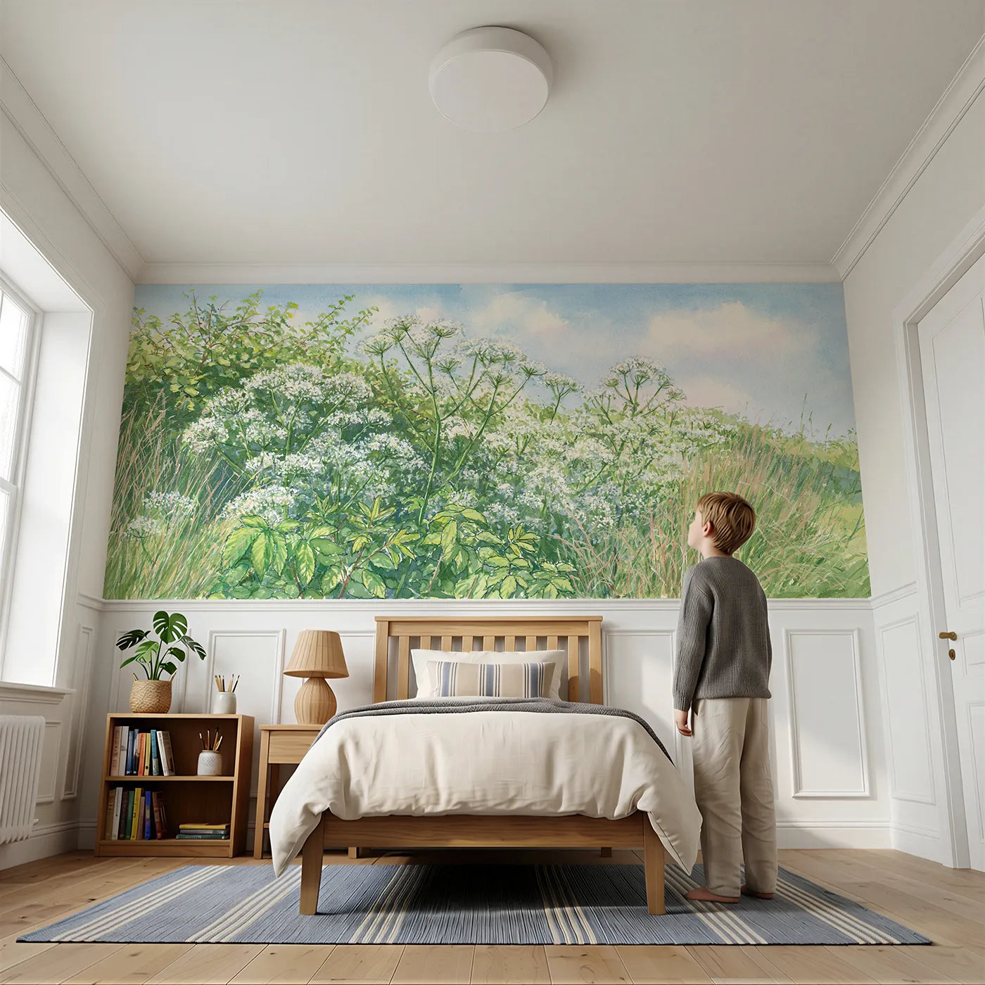 Child reading near Cow Parsley In The Hedge Wainscoting Wallpaper by Whimsy Tots