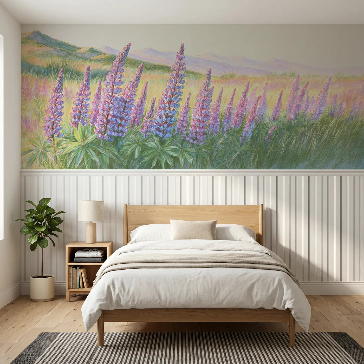 Colored pencil wainscoting wallpaper of lupines in the meadow by Whimsy Tots