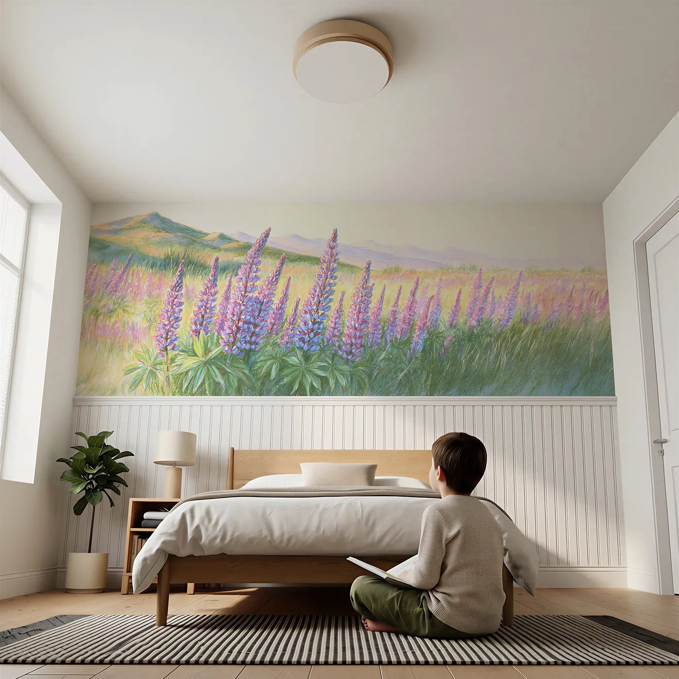 Child reading near Lupines In The Meadow Wainscoting Wallpaper by Whimsy Tots