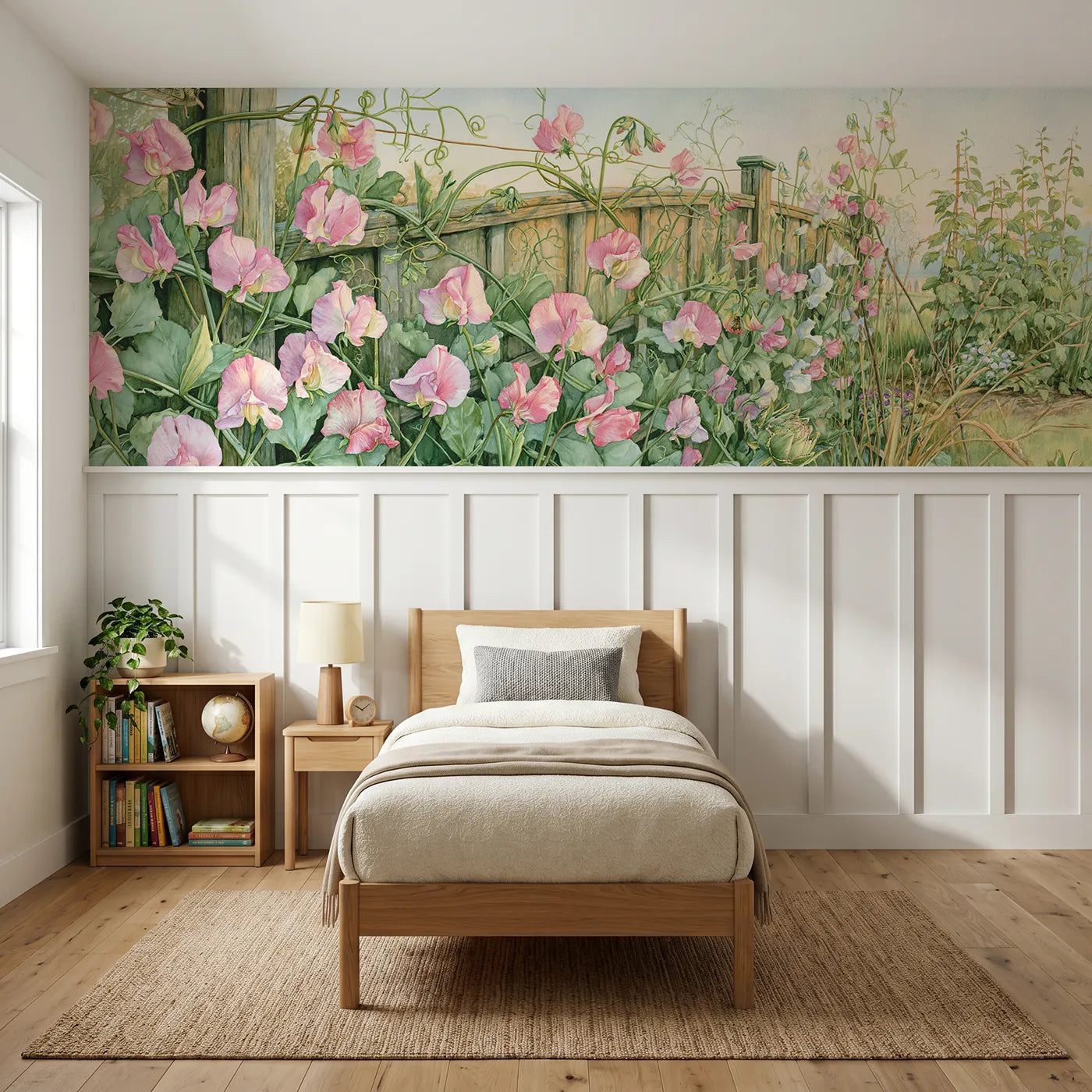 Storybook wainscoting wallpaper of sweet peas on the trellis by Whimsy Tots