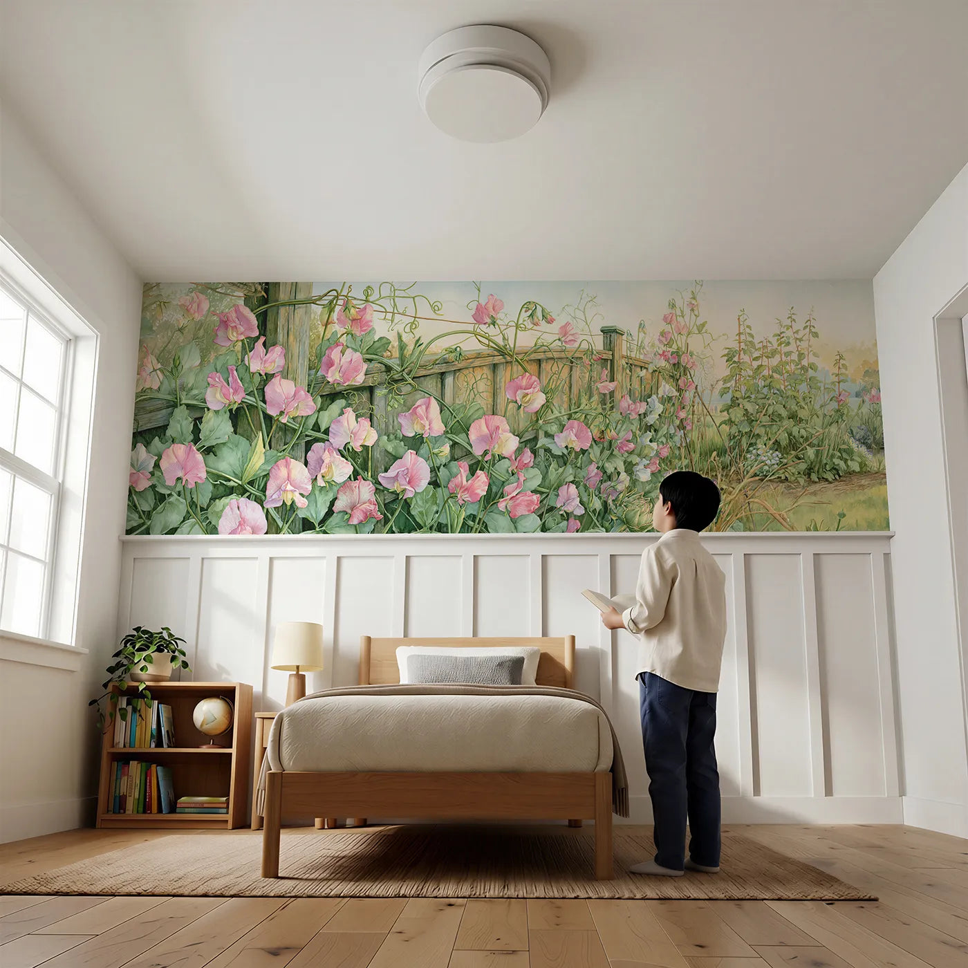 Child reading near Sweet Peas On The Trellis Wainscoting Wallpaper by Whimsy Tots