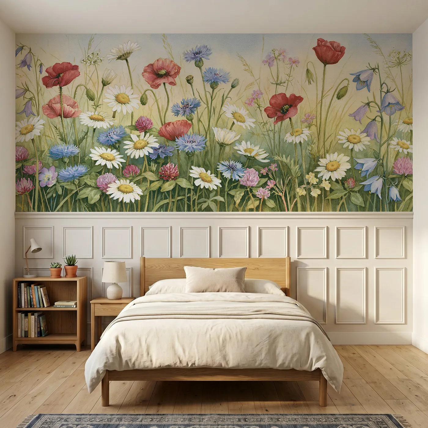 Storybook wainscoting wallpaper of mixed wildflowers in bloom by Whimsy Tots