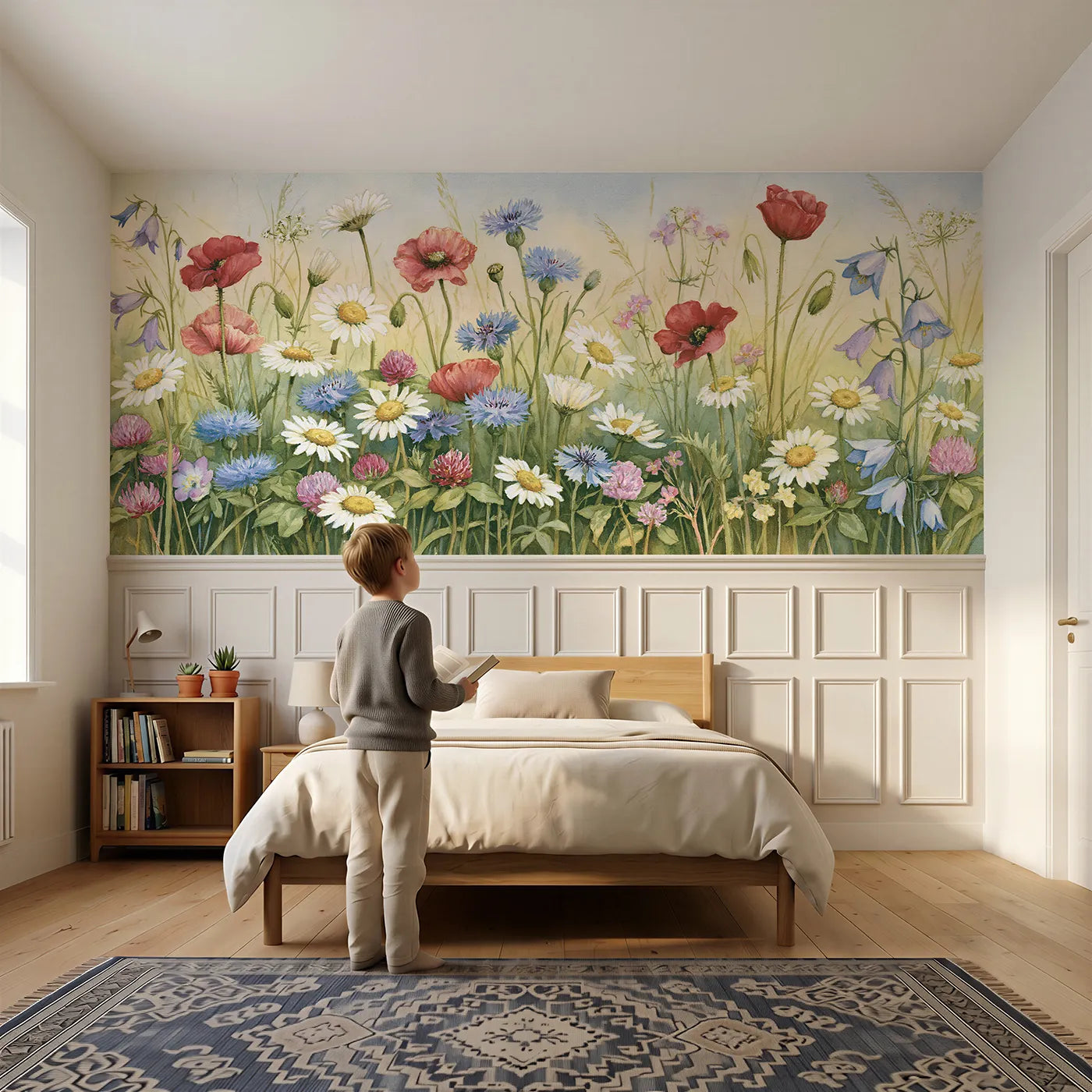 Child reading near Mixed Wildflowers In Bloom Wainscoting Wallpaper by Whimsy Tots