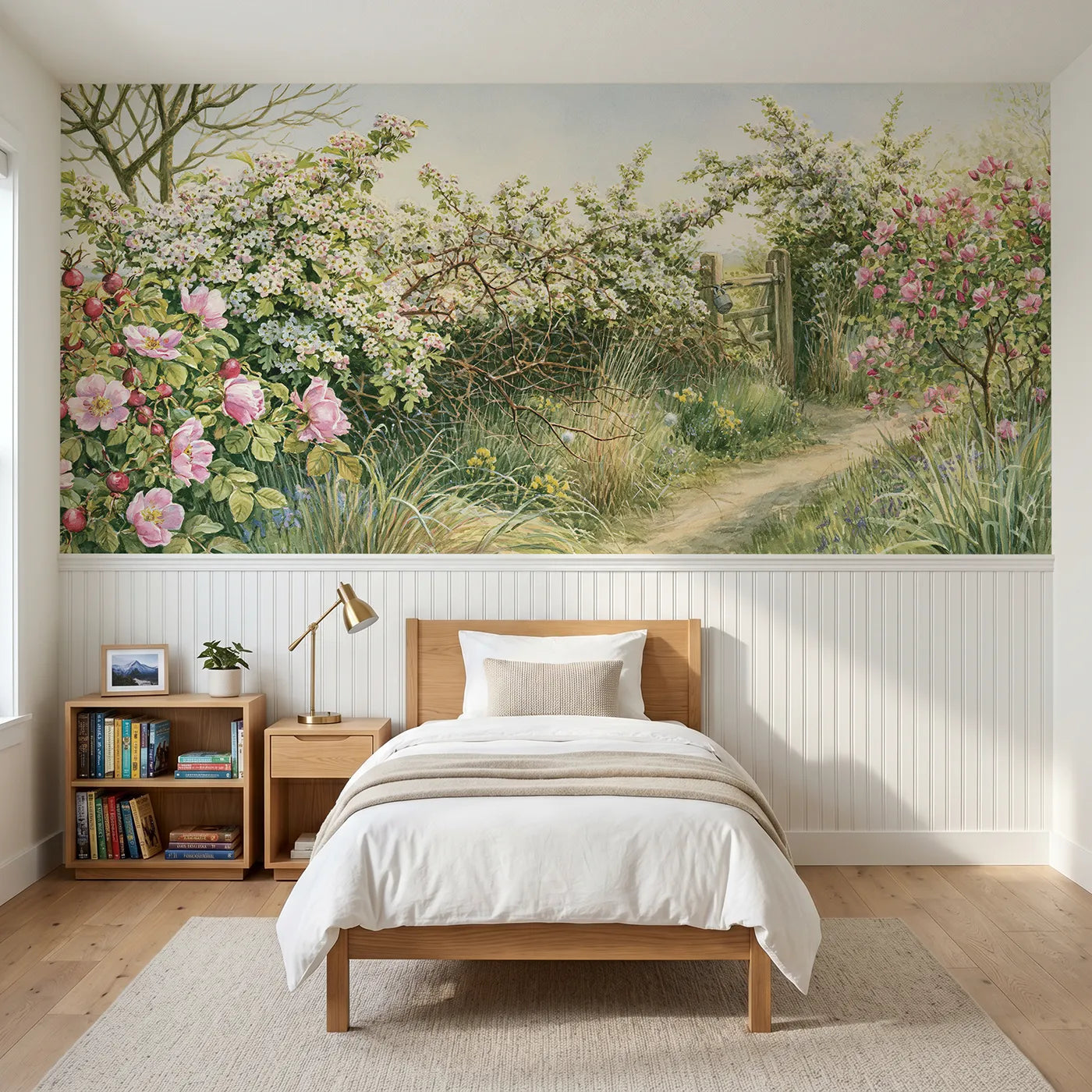 Storybook wainscoting mural of the flowering hedgerow by Whimsy Tots