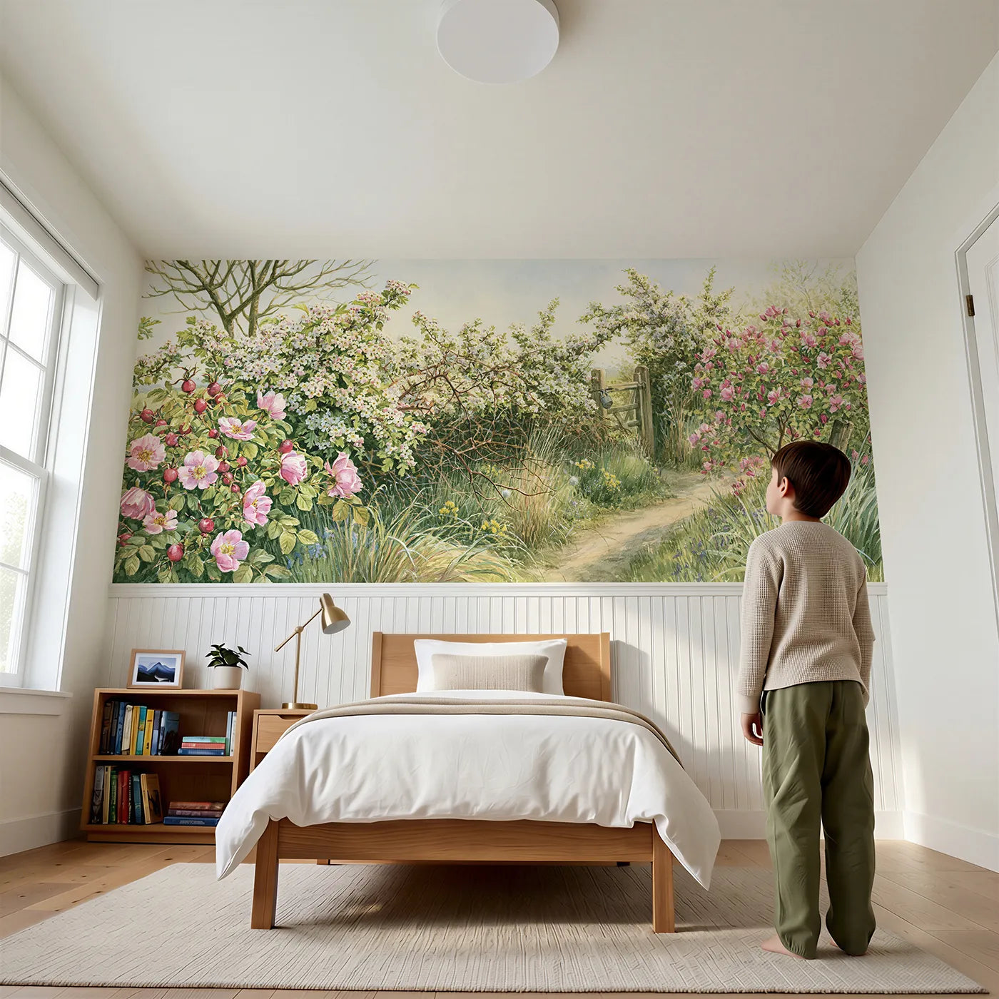 Child reading near The Flowering Hedgerow Wainscoting Wallpaper by Whimsy Tots