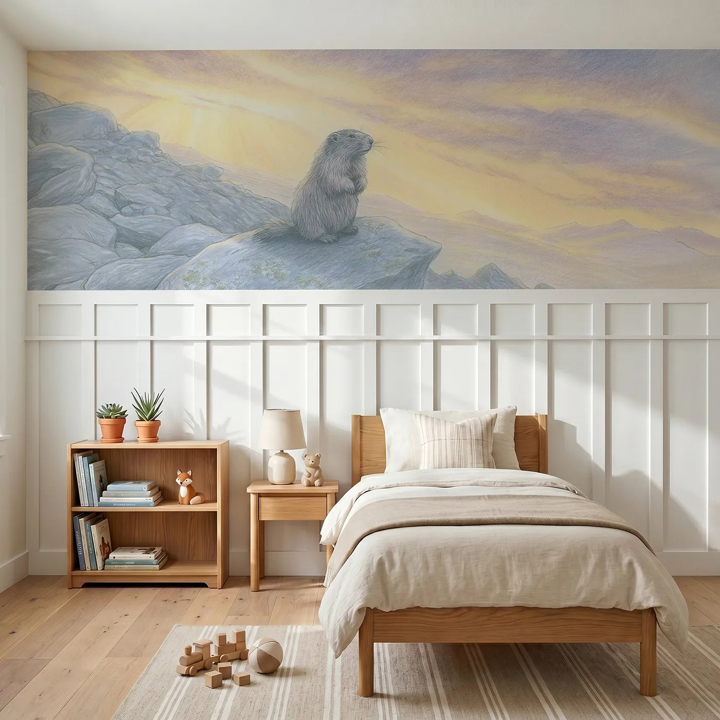 Colored pencil wainscoting wallpaper of a marmot on lookout by Whimsy Tots