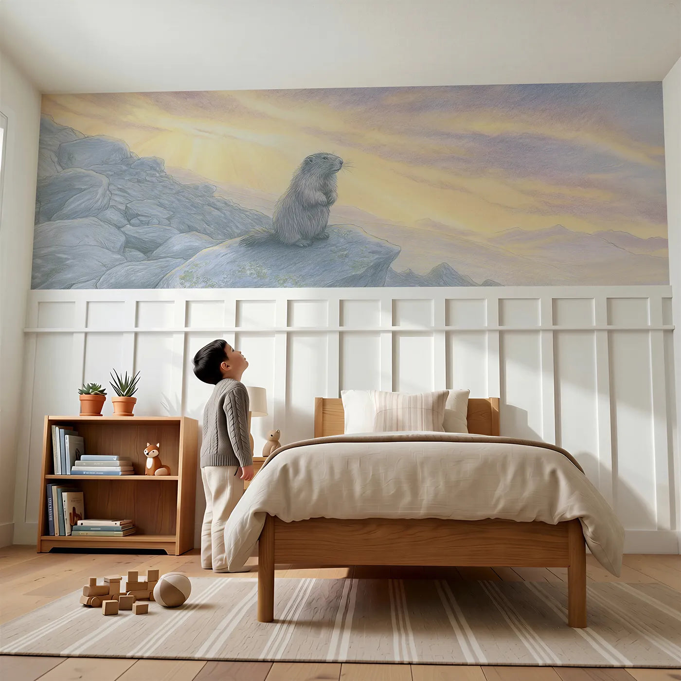 Child reading near Marmot On Lookout Wainscoting Wallpaper by Whimsy Tots