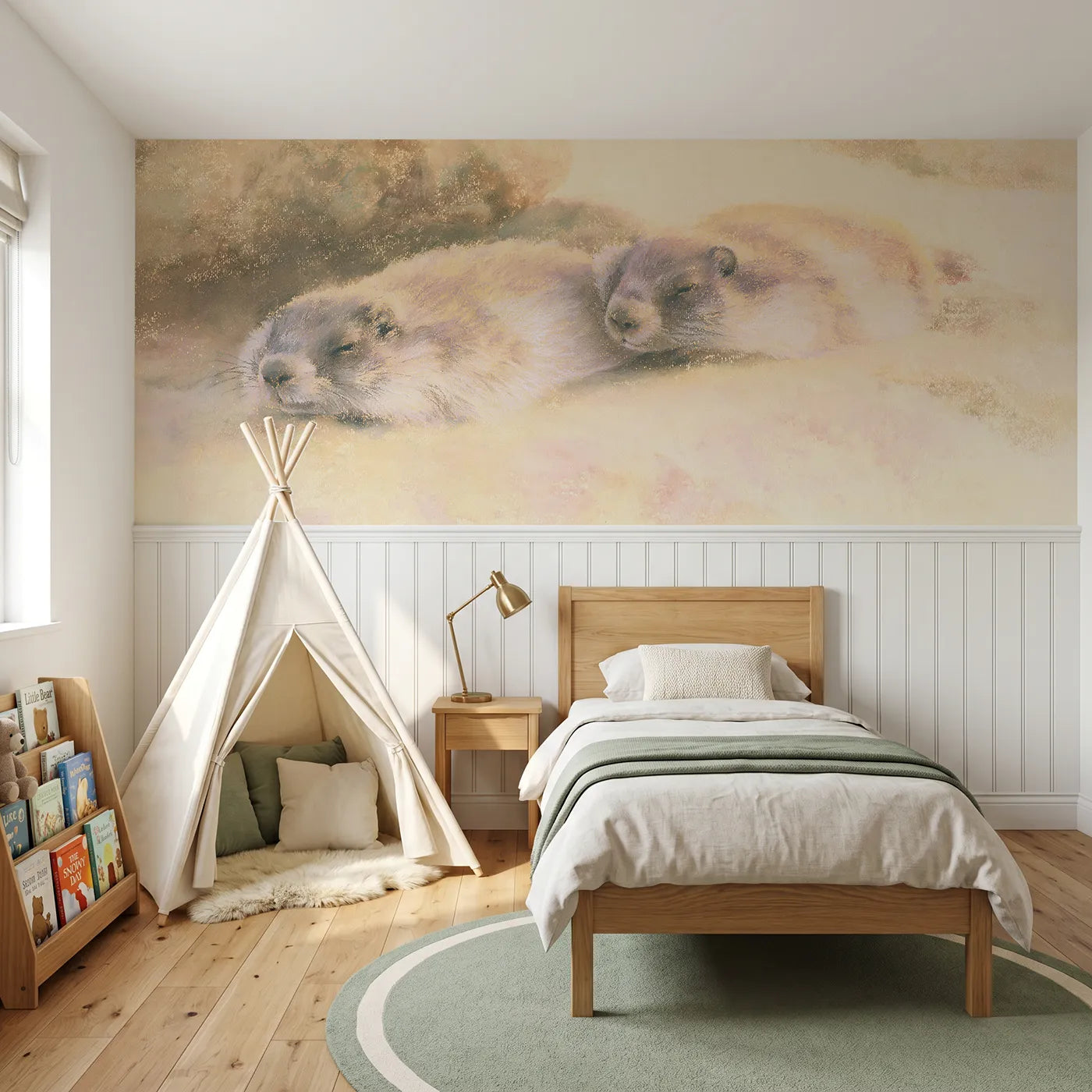 Soft pastel wainscoting wallpaper of sunning on the warm slab by Whimsy Tots