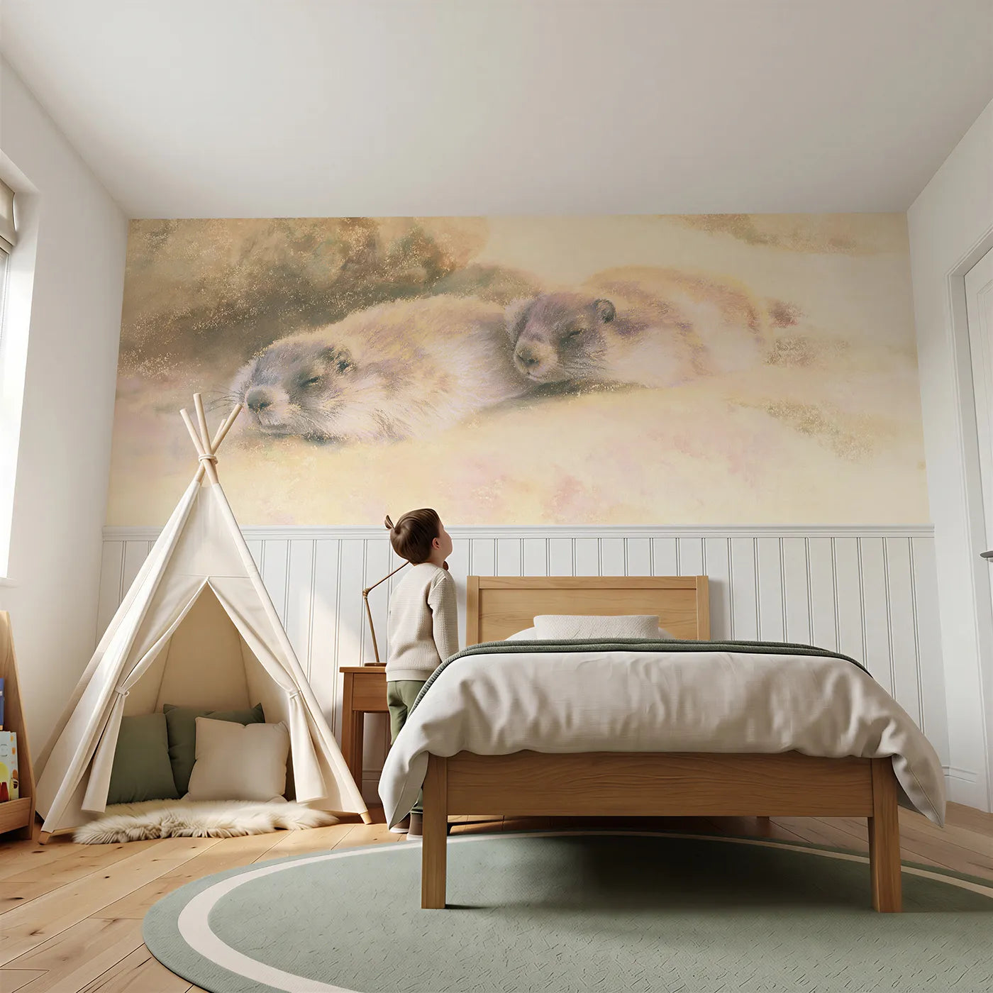 Child reading near Sunning On The Warm Slab Wainscoting Wallpaper by Whimsy Tots