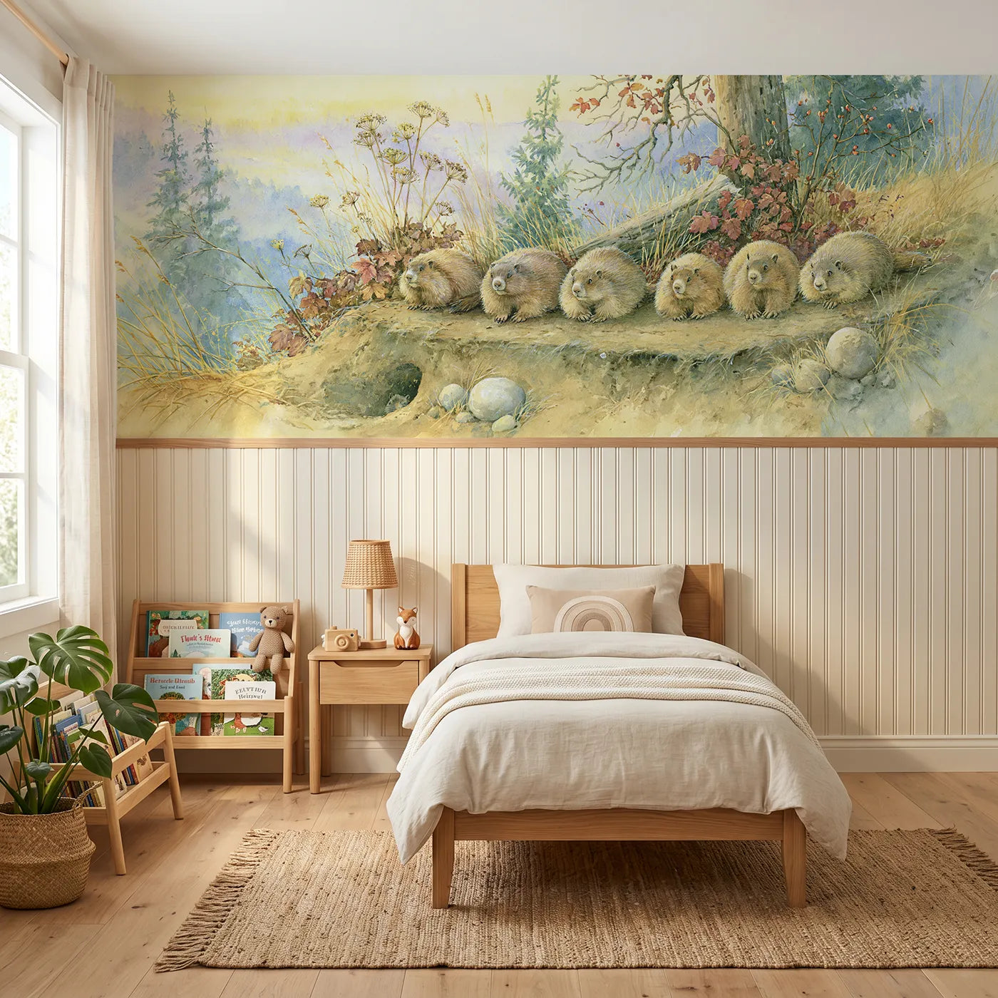Storybook wainscoting wallpaper of marmots at the burrow by Whimsy Tots