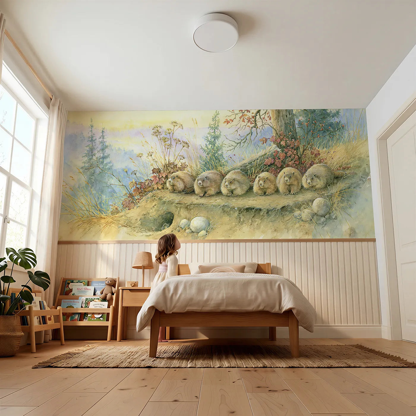 Child reading near Marmots At The Burrow Wainscoting Wallpaper by Whimsy Tots