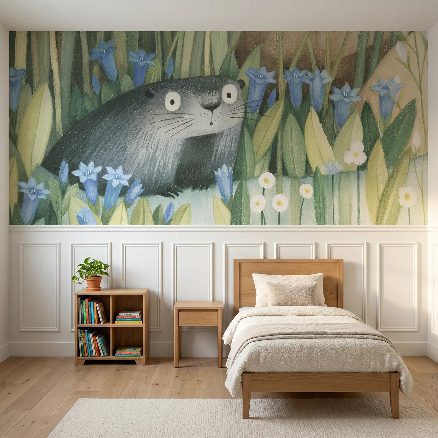 Colored pencil wainscoting wallpaper of a marmot in the gentians by Whimsy Tots