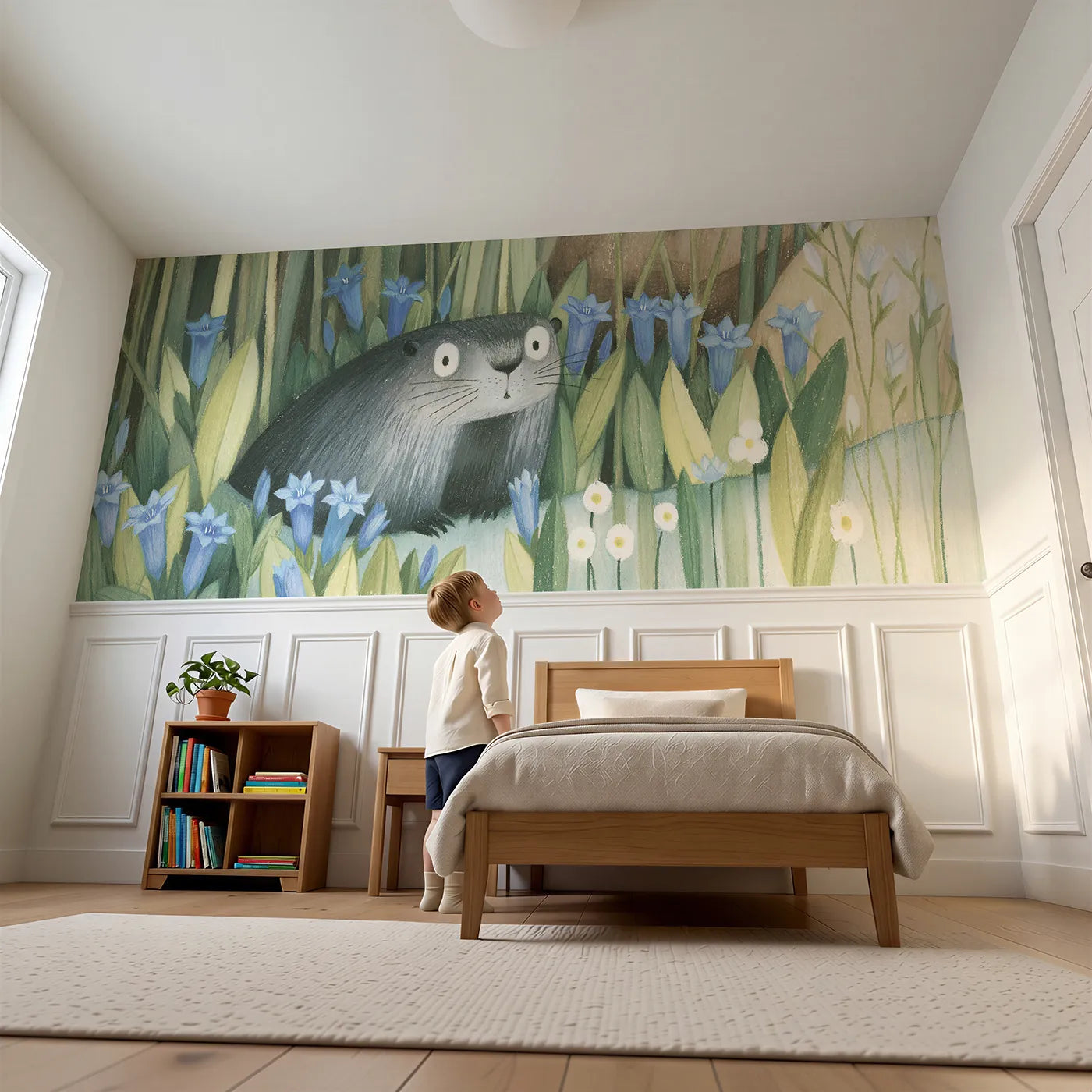 Child reading near Marmot In The Gentians Wainscoting Wallpaper by Whimsy Tots