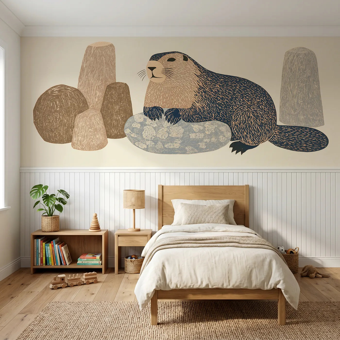 Block print wainscoting wallpaper of the carved marmot by Whimsy Tots