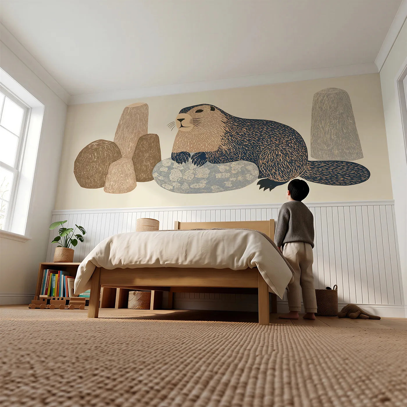 Child reading near The Carved Marmot Wainscoting Wallpaper by Whimsy Tots