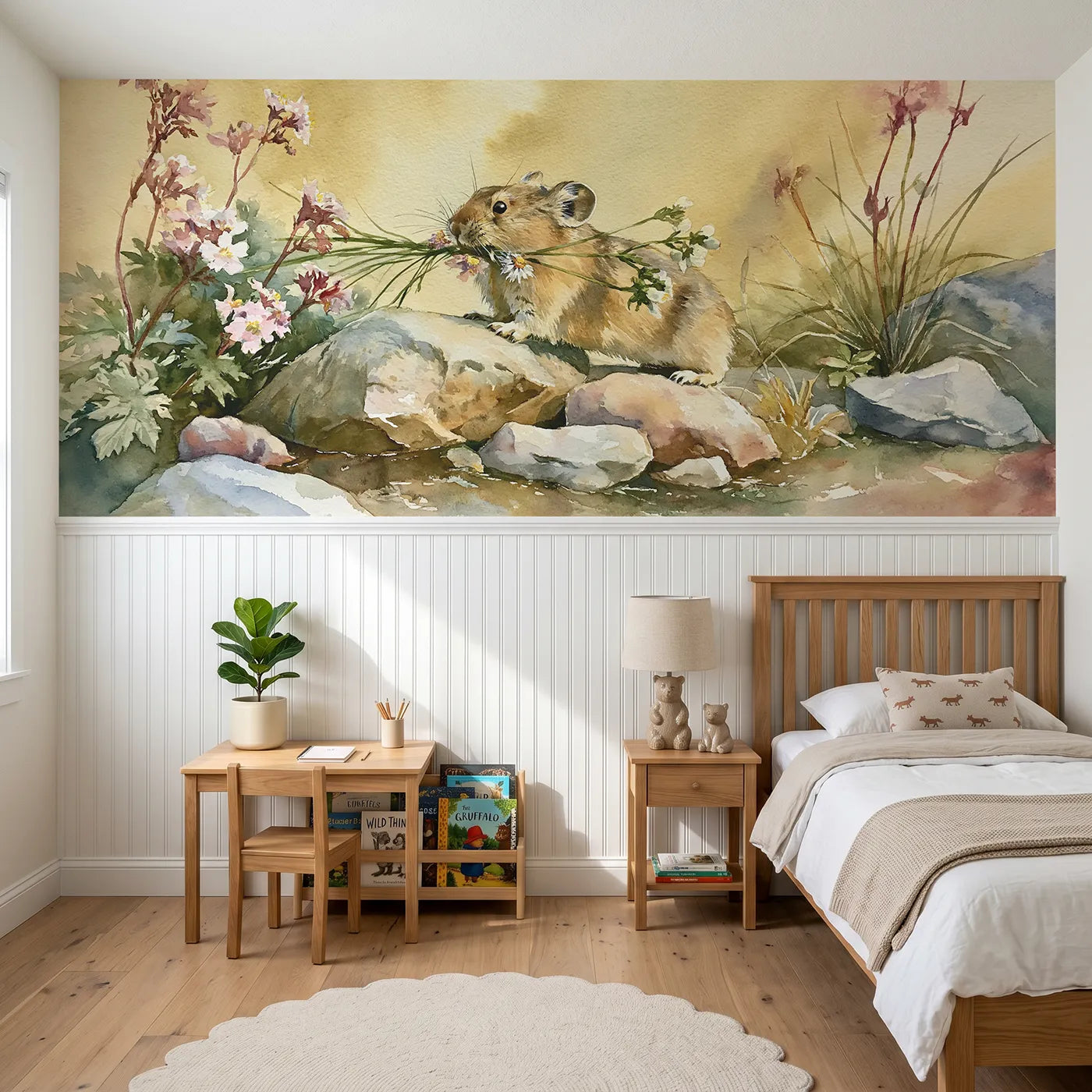 Watercolor wainscoting wallpaper of a pika and the flower bundle by Whimsy Tots