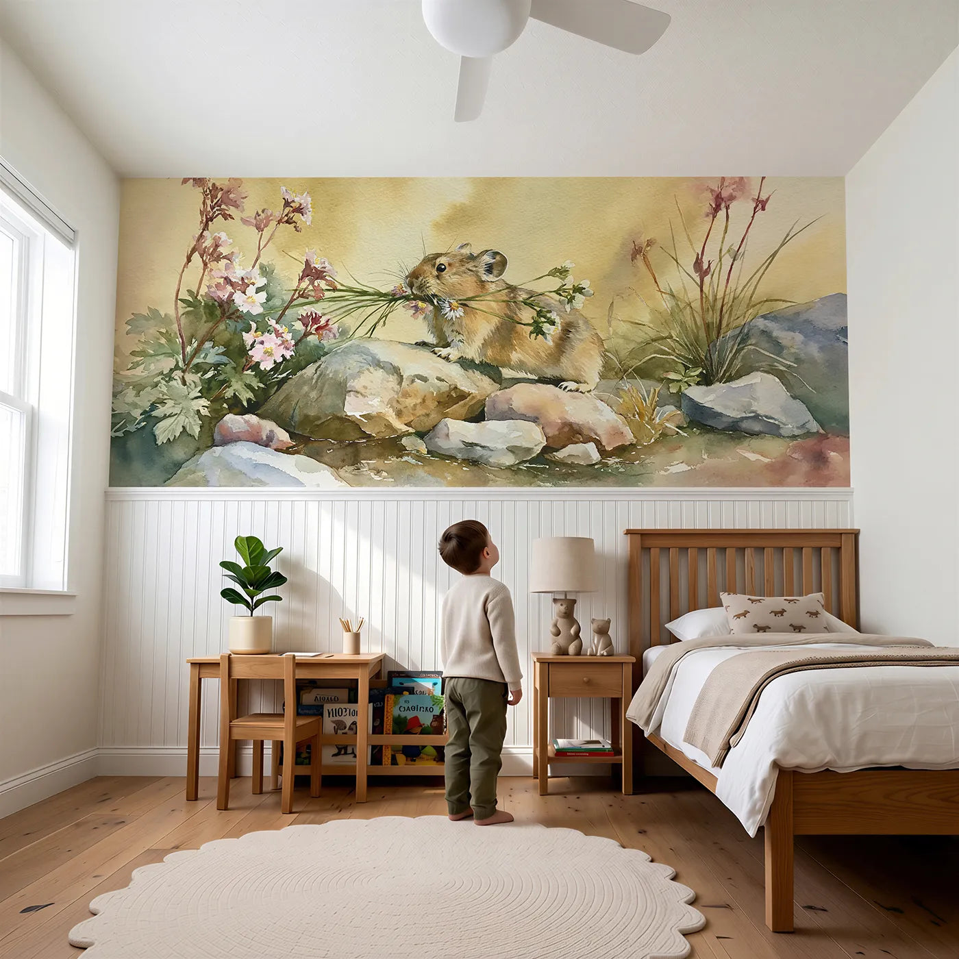Child reading near Pika And The Flower Bundle Wainscoting Wallpaper by Whimsy Tots