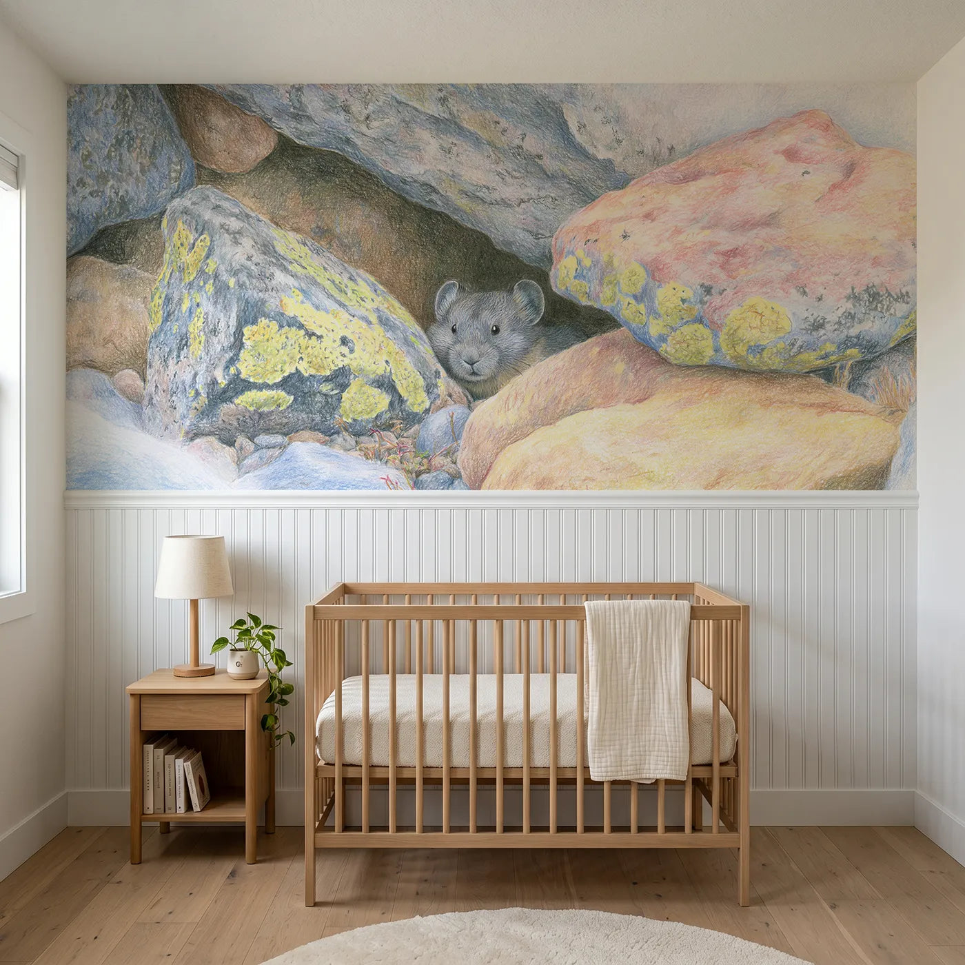 Colored pencil wainscoting wallpaper of a pika at the scree gap by Whimsy Tots