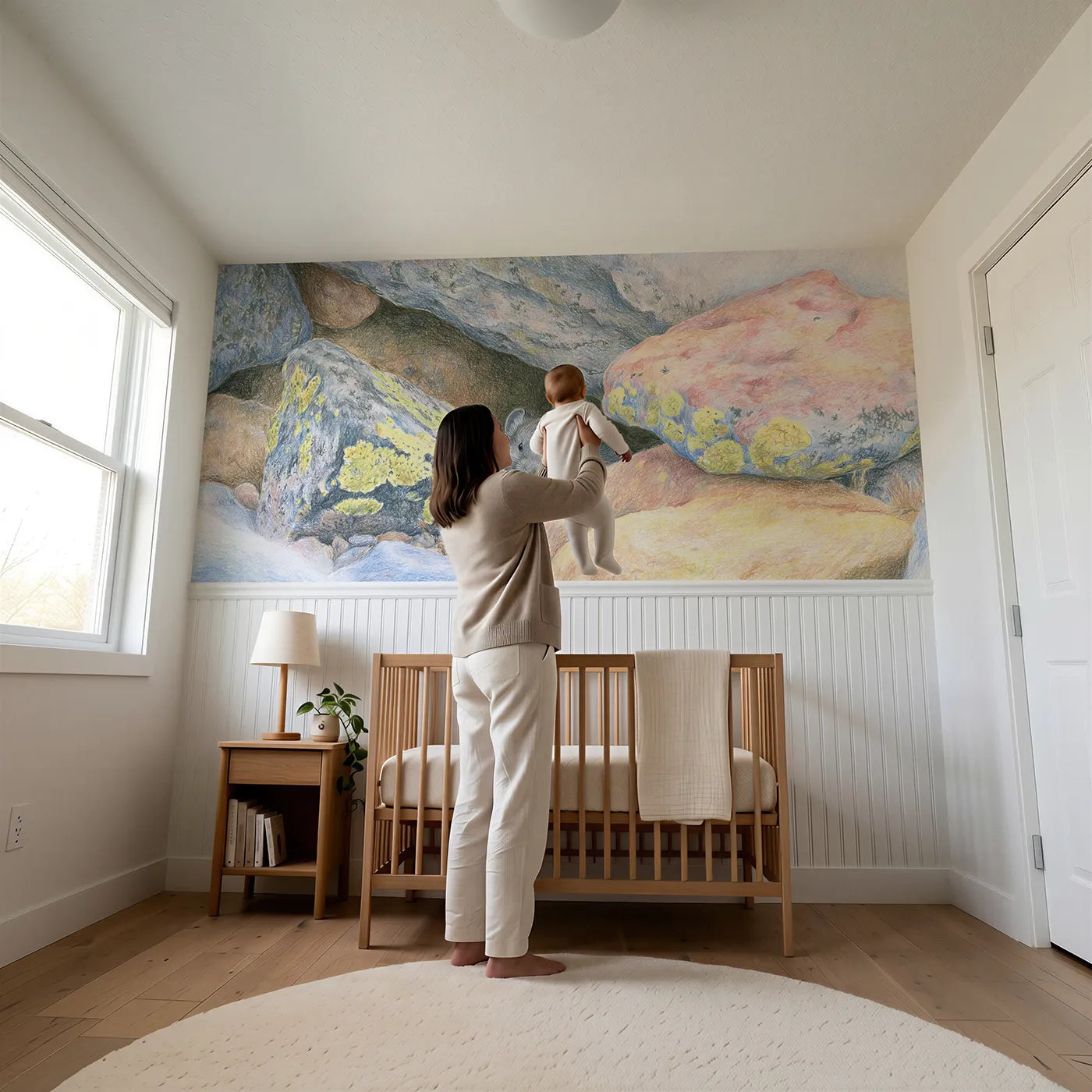 Child reading near Pika At The Scree Gap Wainscoting Wallpaper by Whimsy Tots