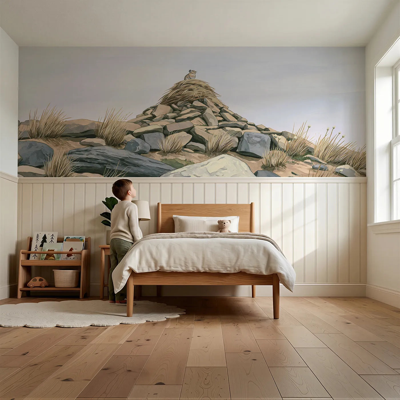 Child reading near Proud On The Haypile Wainscoting Wallpaper by Whimsy Tots
