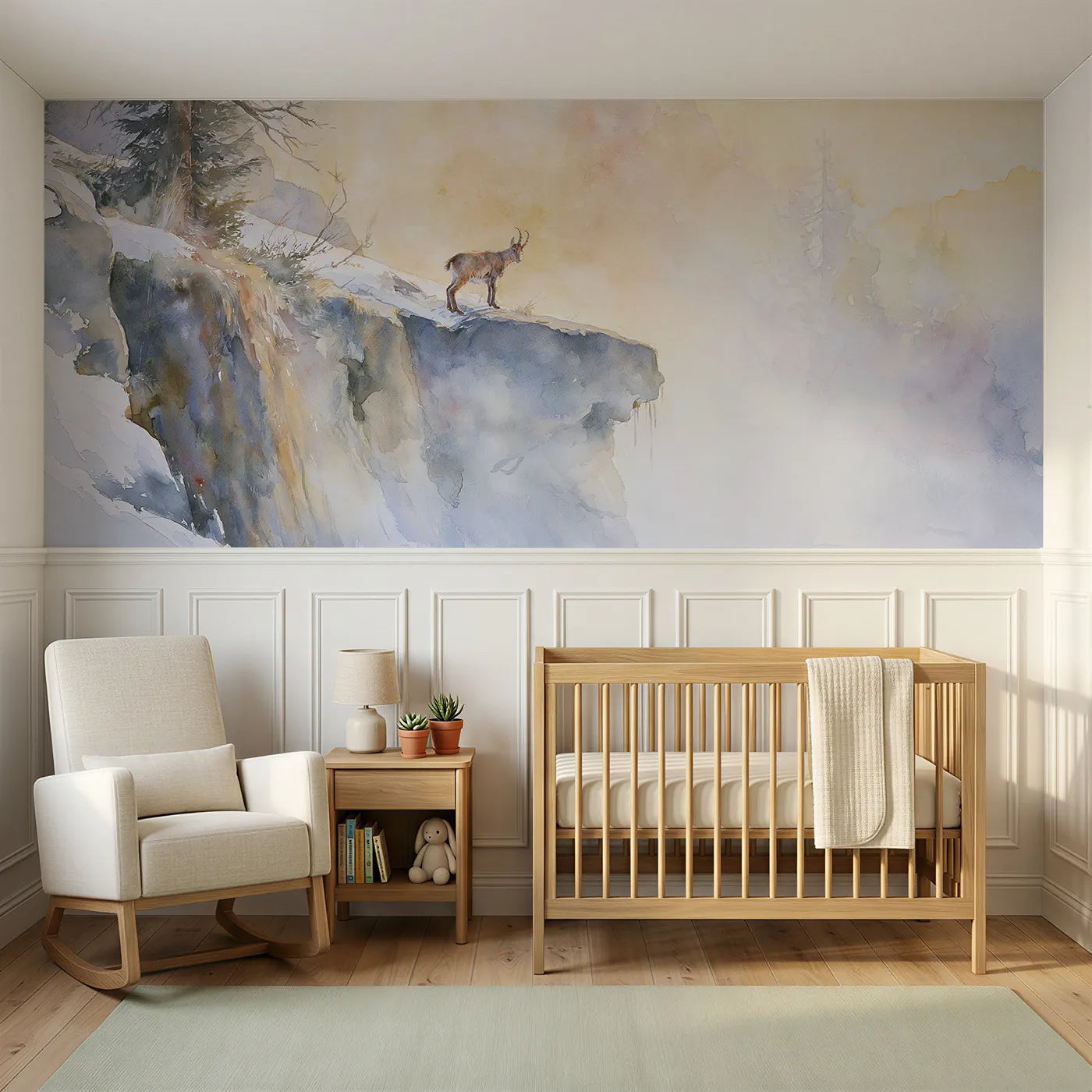 Watercolor wainscoting wallpaper of a chamois kid on the ledge by Whimsy Tots