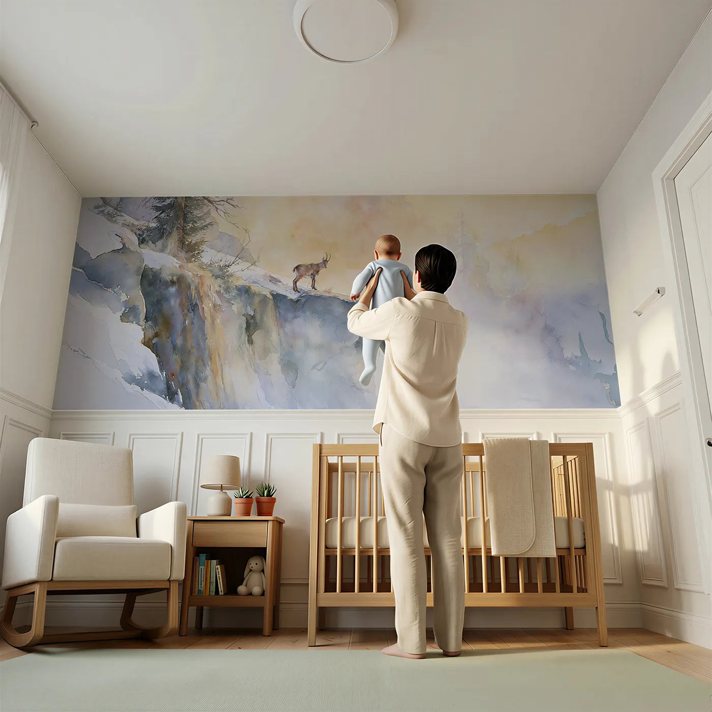 Child reading near Chamois Kid On The Ledge Wainscoting Wallpaper by Whimsy Tots