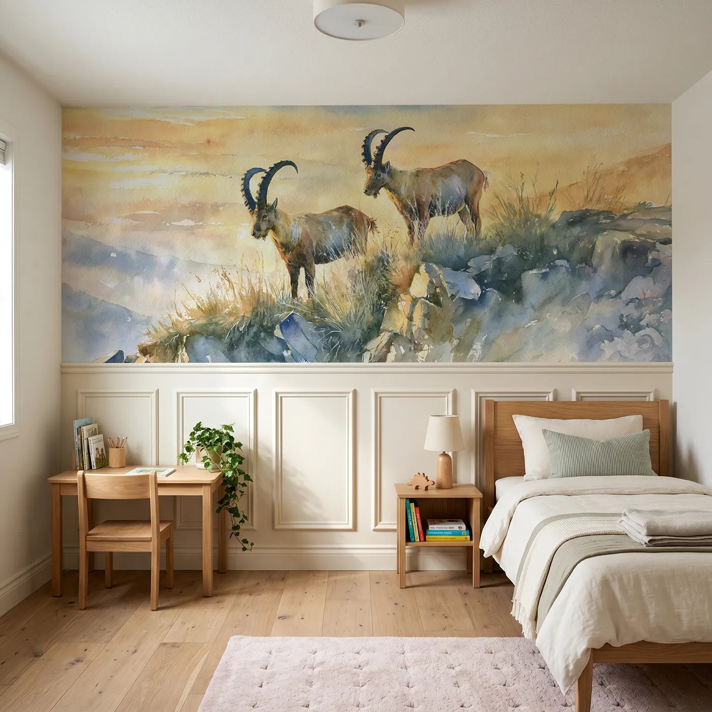 Watercolor wainscoting wallpaper of ibex against the sky by Whimsy Tots