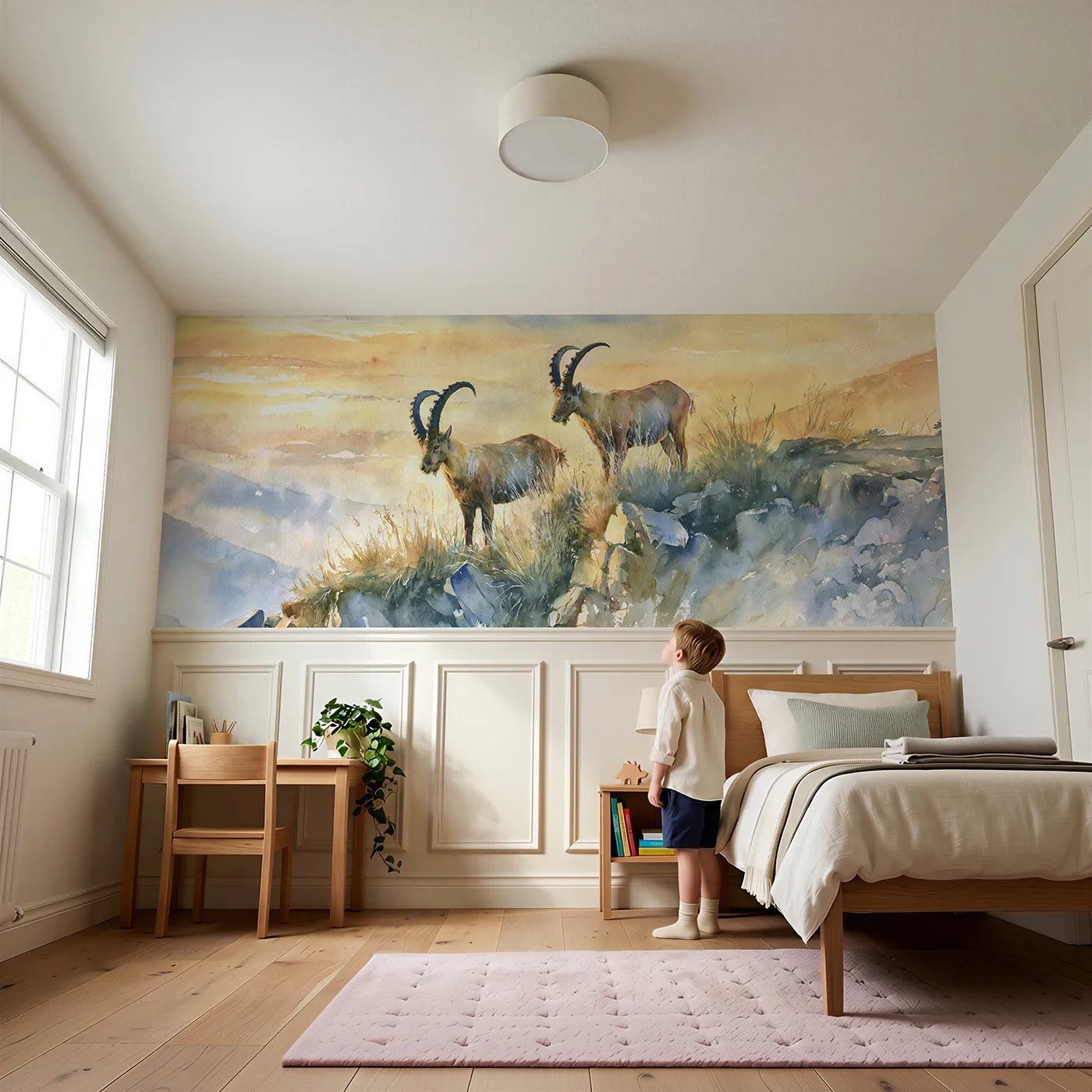 Child reading near Ibex Against The Sky Wainscoting Wallpaper by Whimsy Tots