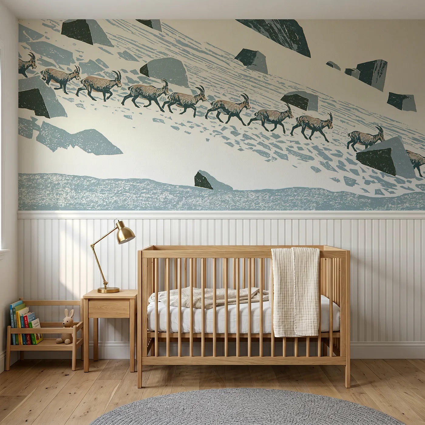 Block print wainscoting wallpaper of single file across the scree by Whimsy Tots