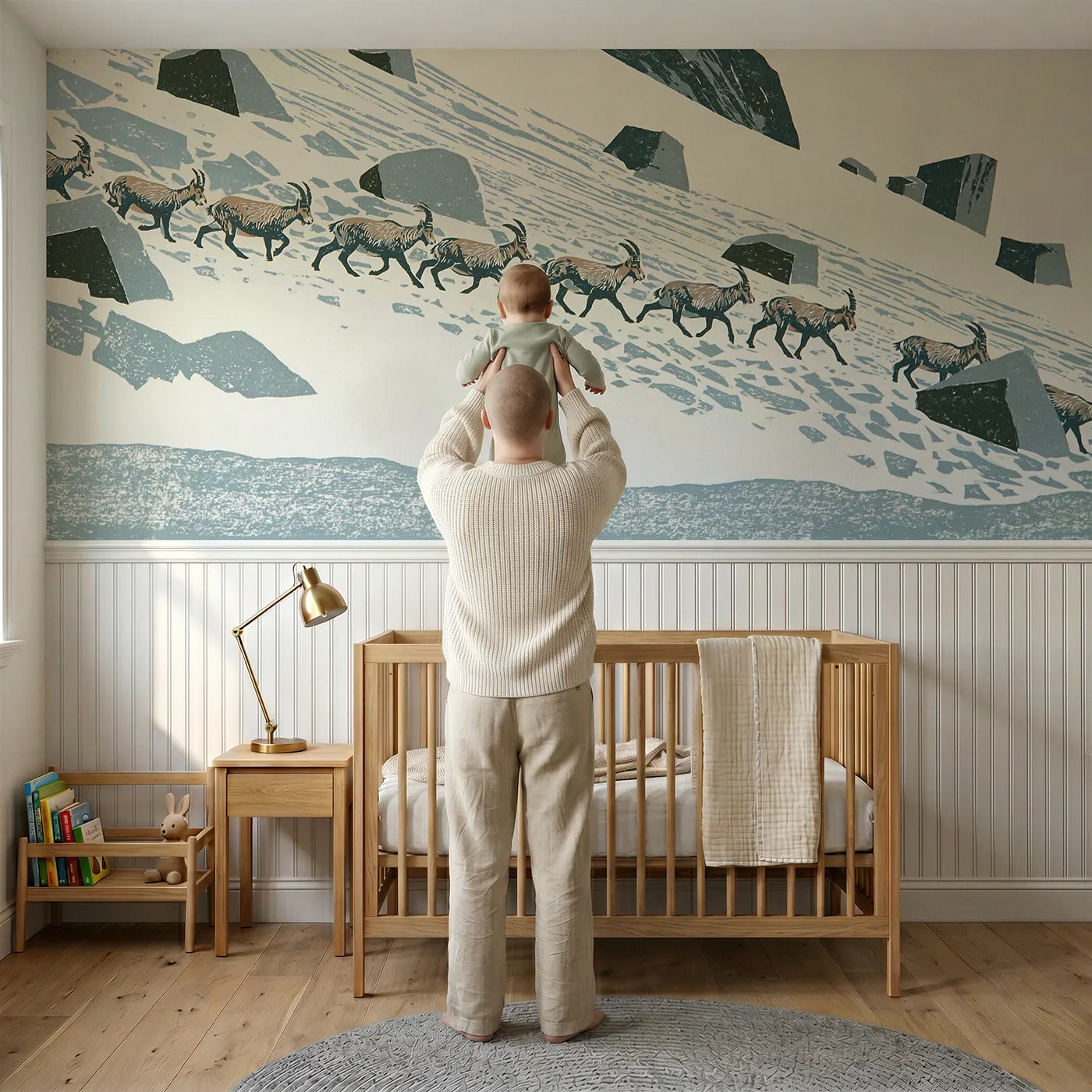 Child reading near Single File Across The Scree Wainscoting Wallpaper by Whimsy Tots