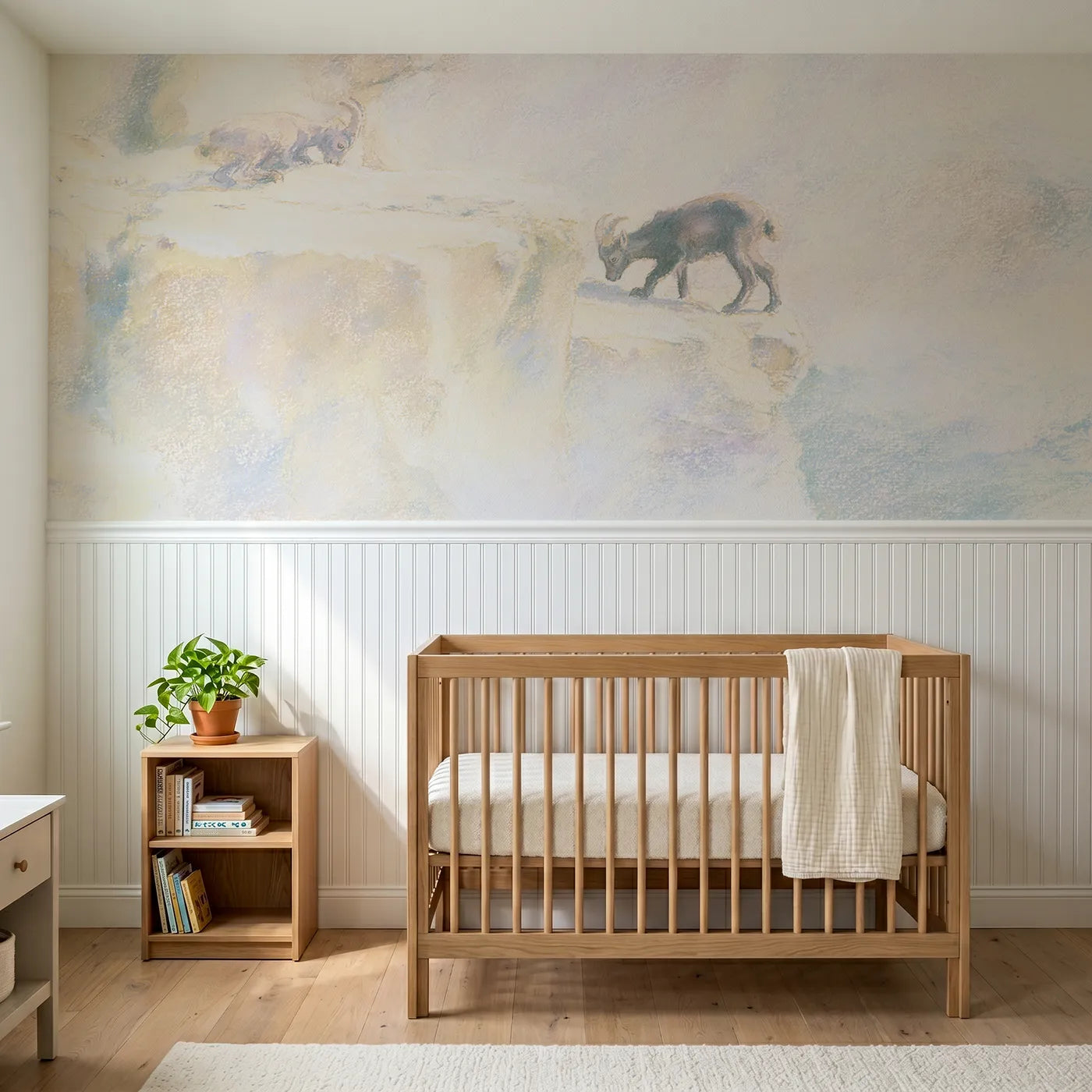 Soft pastel wainscoting wallpaper of the first jump by Whimsy Tots