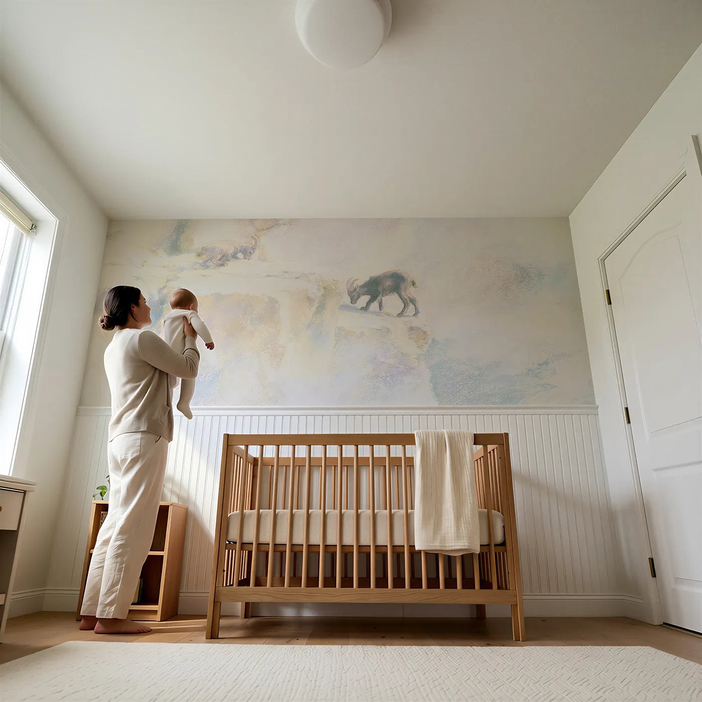 Child reading near The First Jump Wainscoting Wallpaper by Whimsy Tots