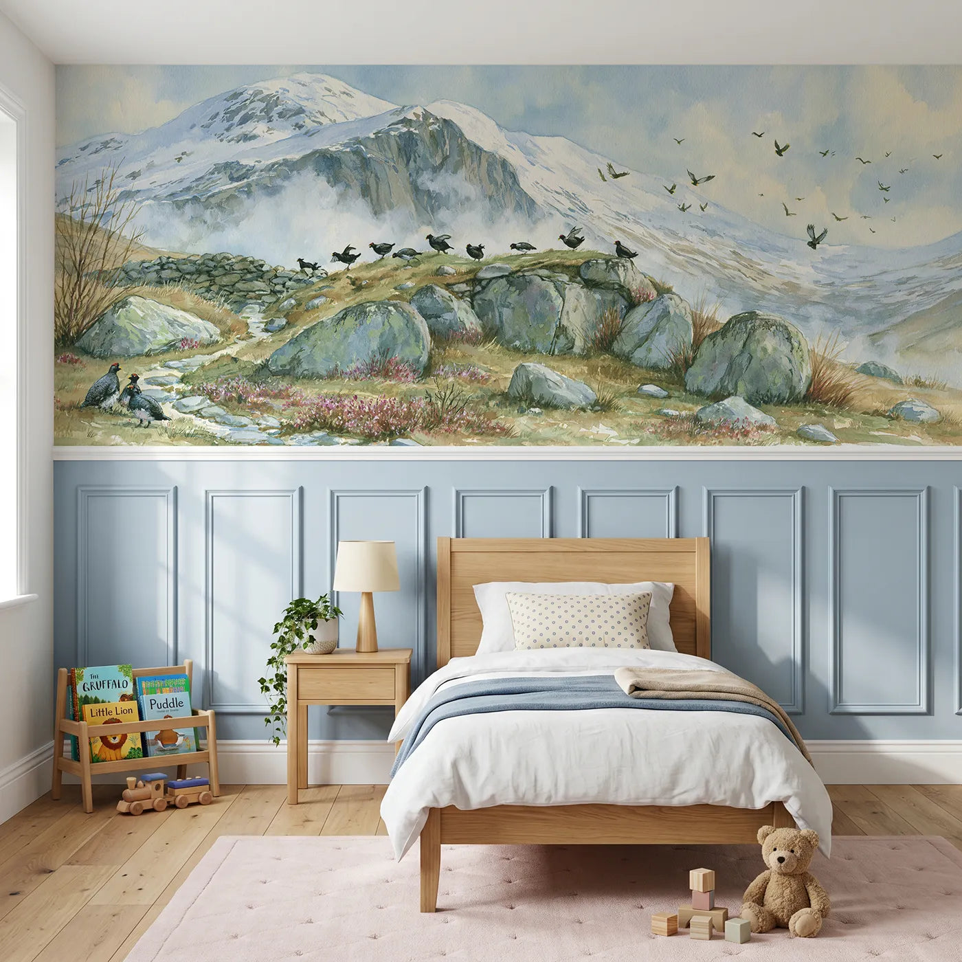 Storybook wainscoting wallpaper of choughs on the updraft by Whimsy Tots