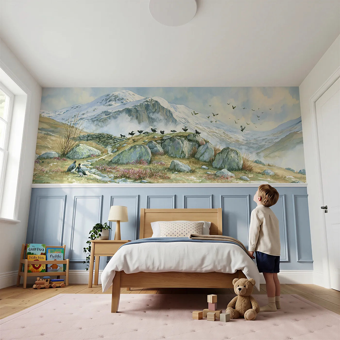 Child reading near Choughs On The Updraft Wainscoting Wallpaper by Whimsy Tots