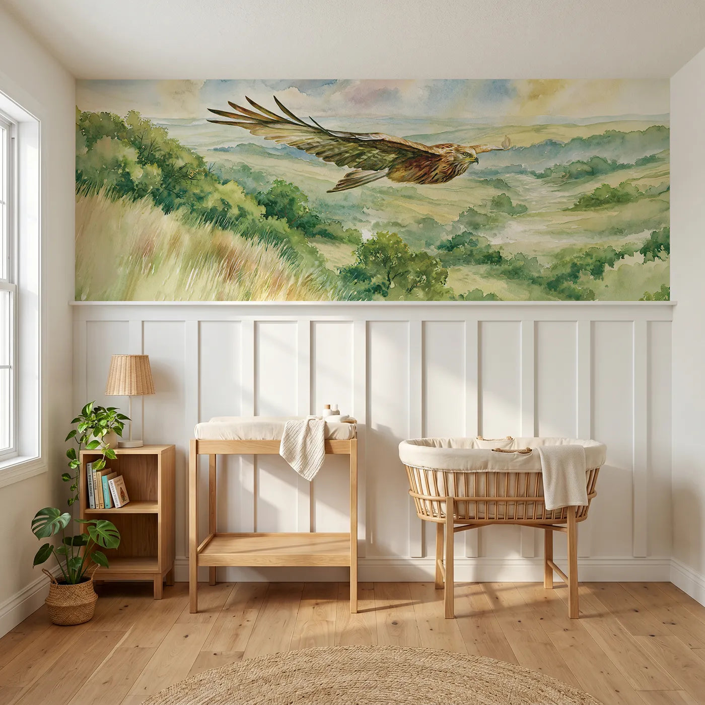 Watercolor wainscoting wallpaper of the buzzard below by Whimsy Tots