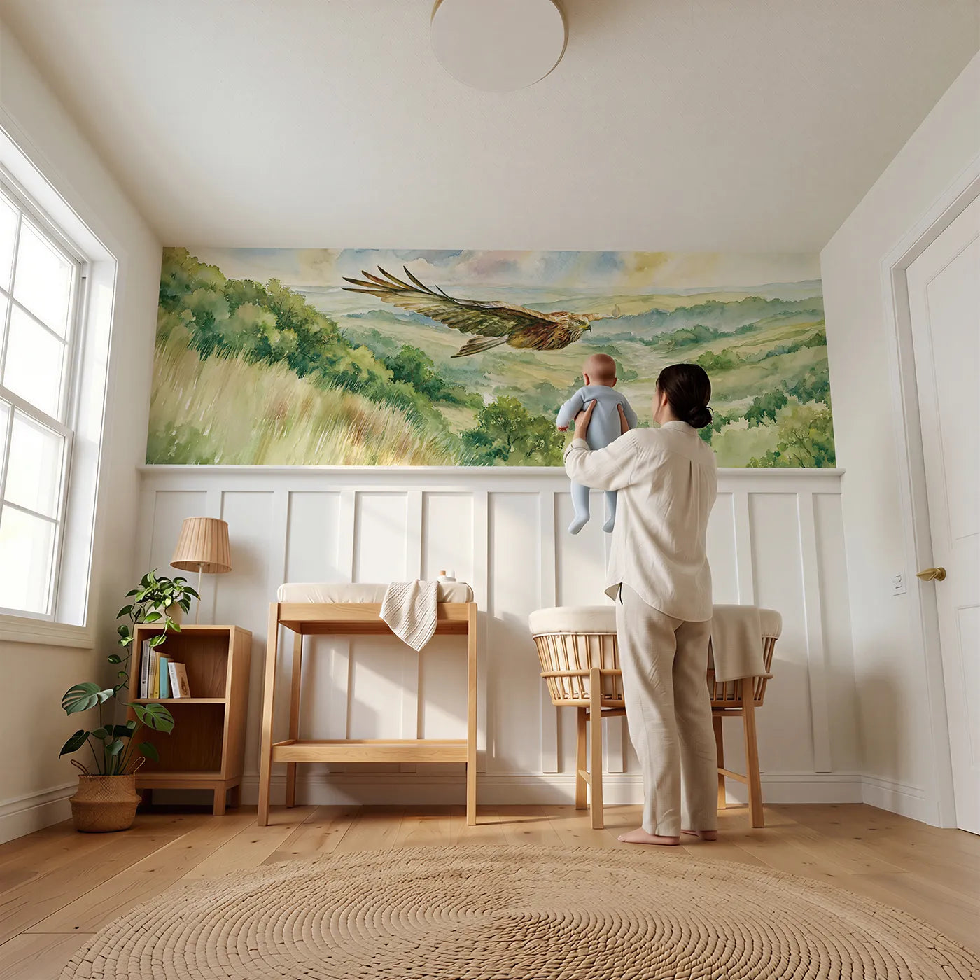 Child reading near The Buzzard Below Wainscoting Wallpaper by Whimsy Tots