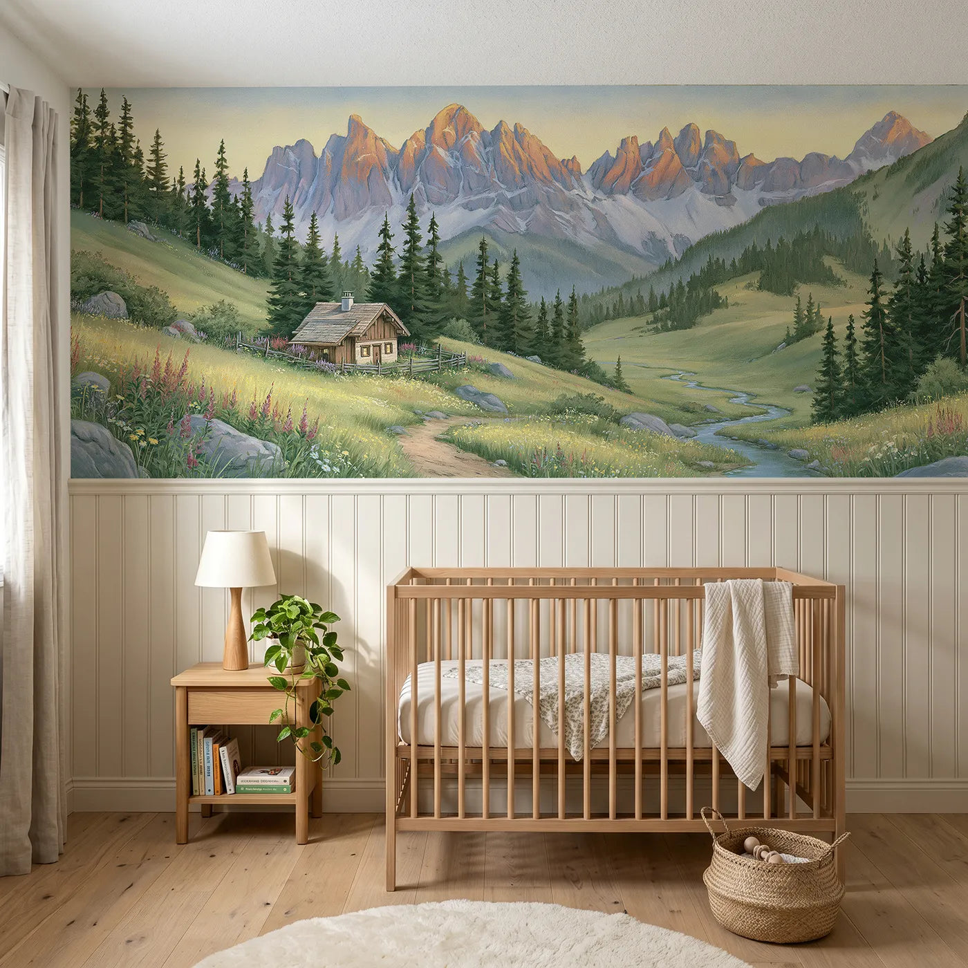 Storybook wainscoting wallpaper of the alpenglow hour by Whimsy Tots