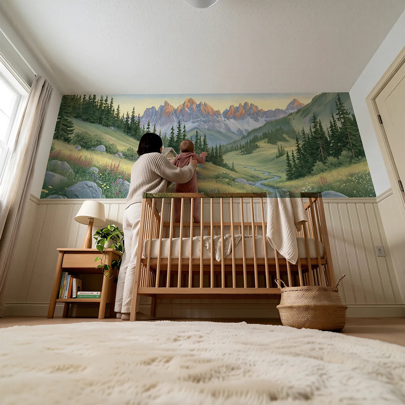 Child reading near The Alpenglow Hour Wainscoting Wallpaper by Whimsy Tots