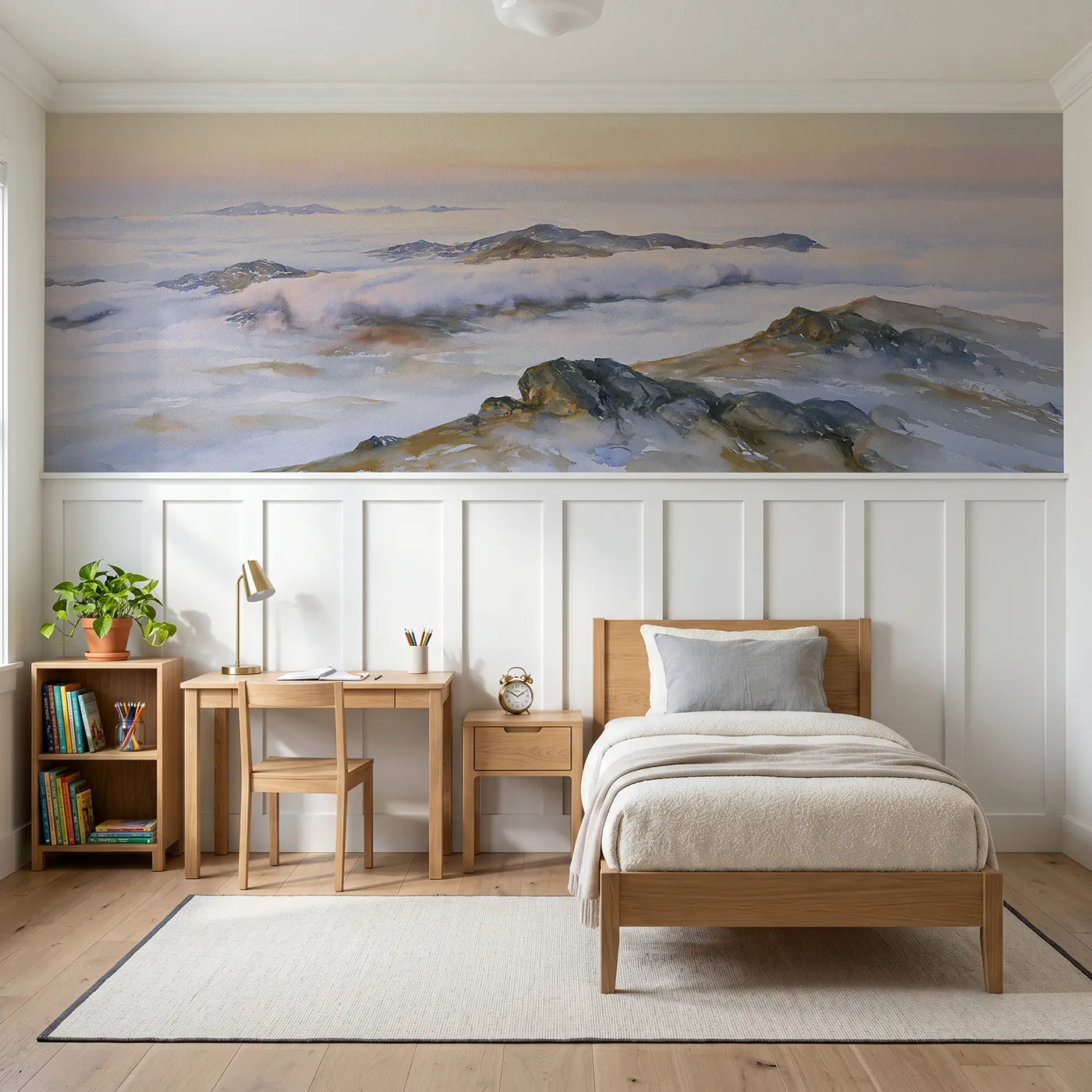 Watercolor wainscoting mural of above the cloud sea by Whimsy Tots