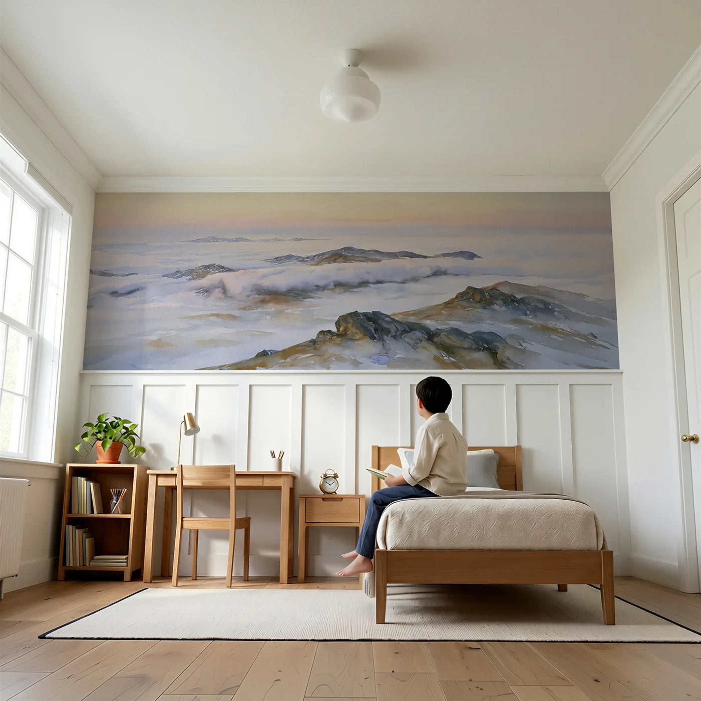 Child reading near Above The Cloud Sea Wainscoting Wallpaper by Whimsy Tots