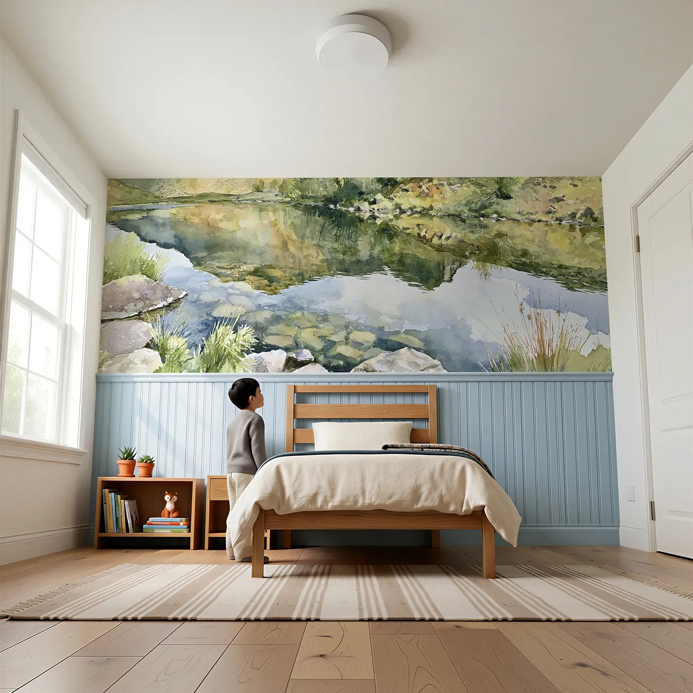 Child reading near The Tarn Mirror Wainscoting Wallpaper by Whimsy Tots