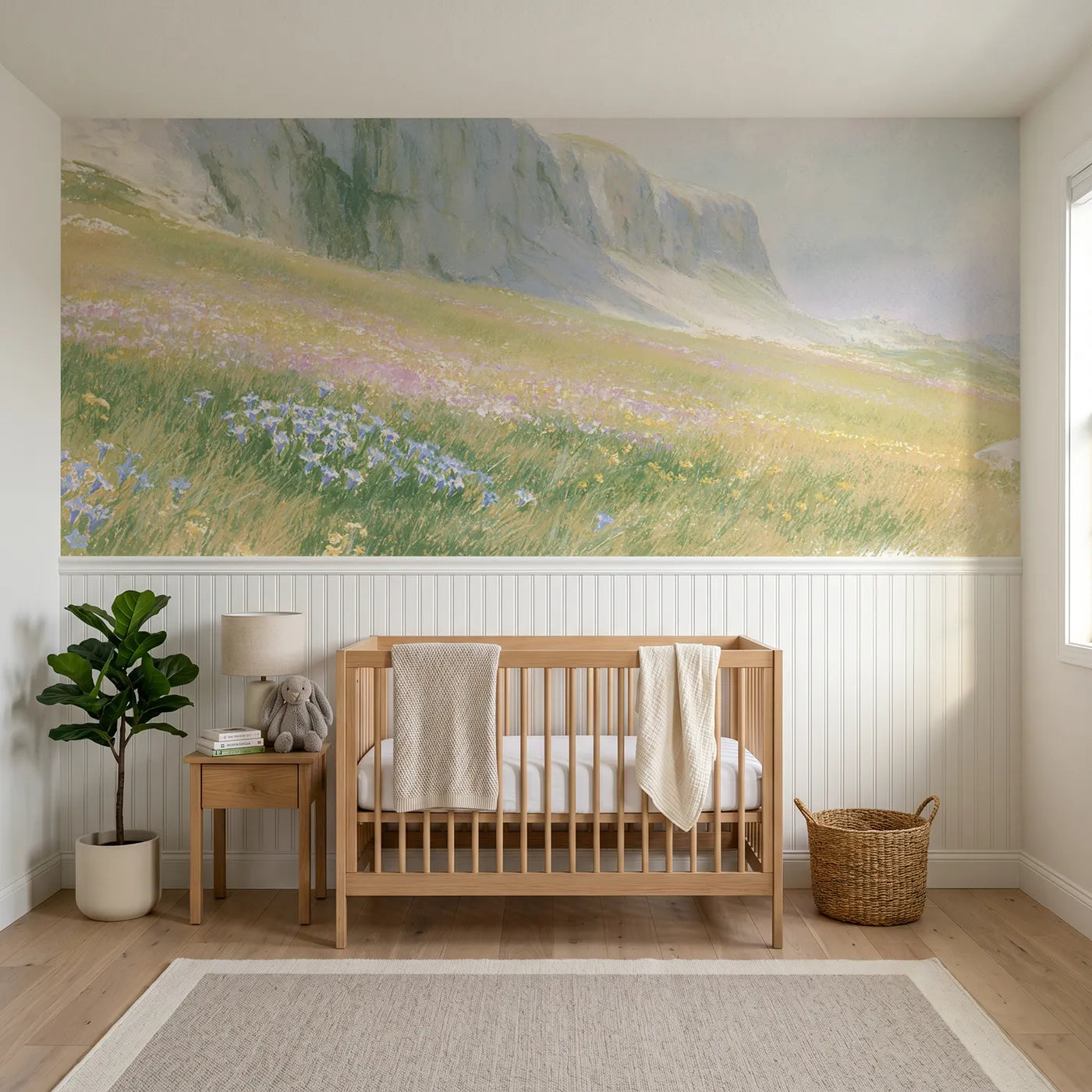 Soft pastel wainscoting wallpaper of the meadow up to the rock by Whimsy Tots