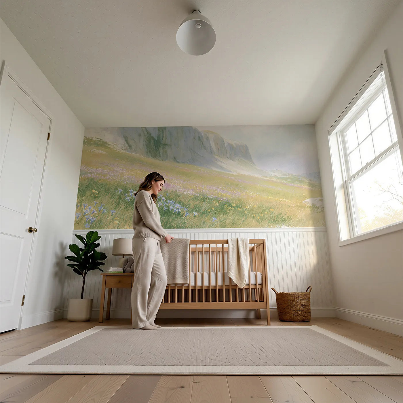 Child reading near Meadow Up To The Rock Wainscoting Wallpaper by Whimsy Tots