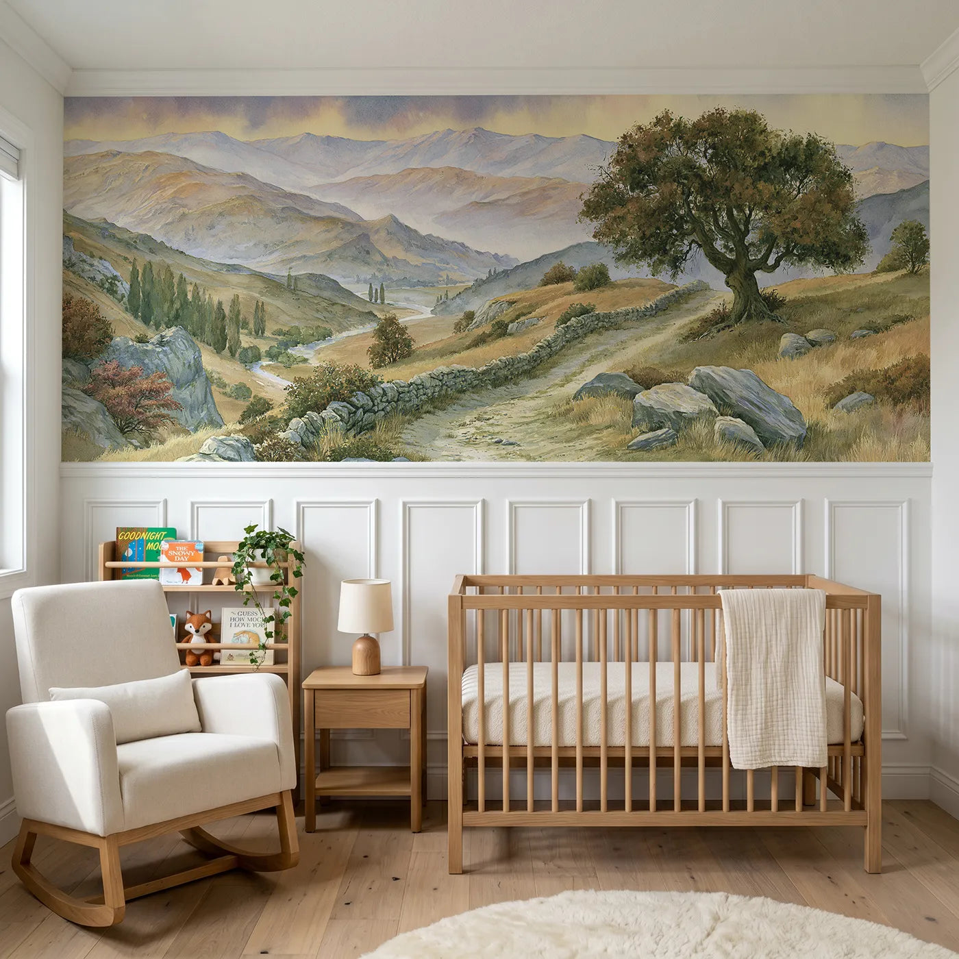Storybook wainscoting wallpaper of topping out at the pass by Whimsy Tots
