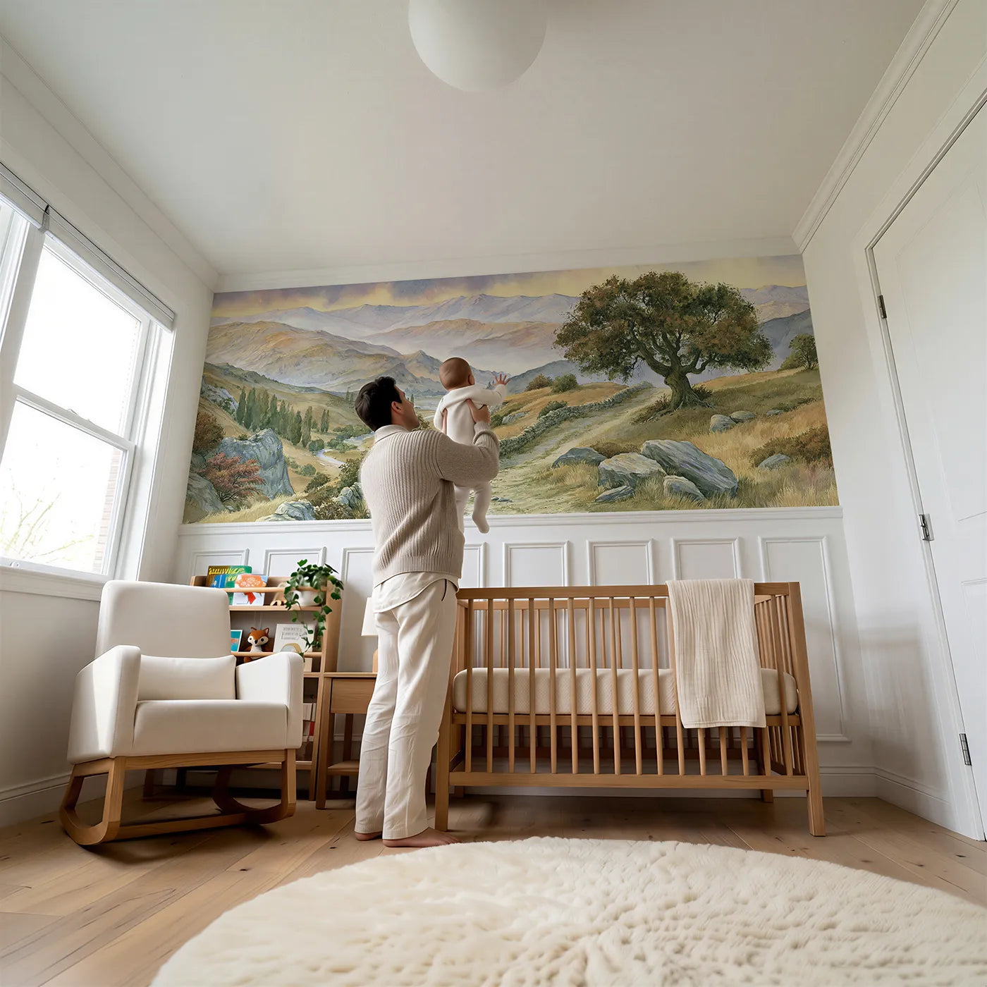 Child reading near Topping Out At The Pass Wainscoting Wallpaper by Whimsy Tots