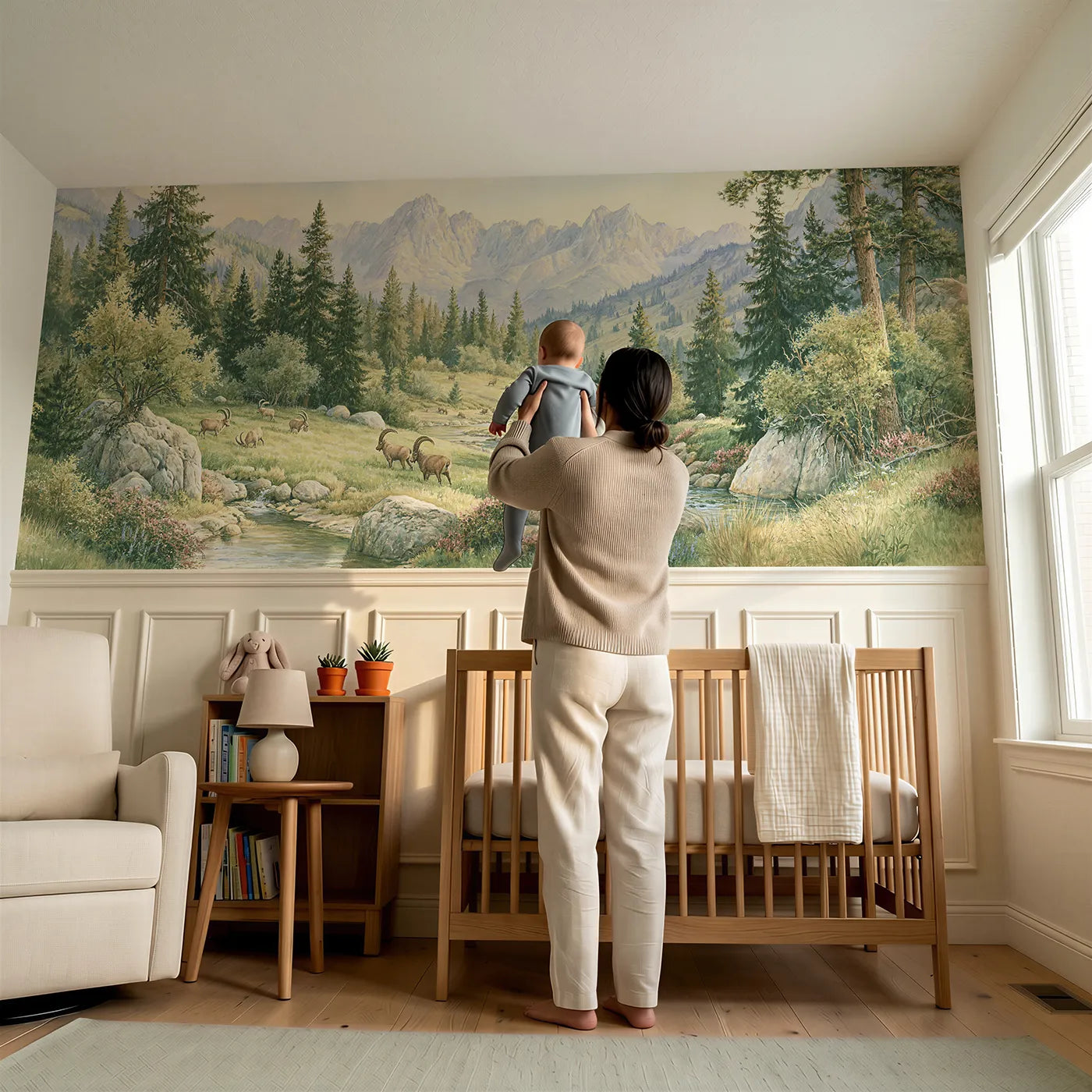 Child reading near The Sawtooth Ridge Wainscoting Wallpaper by Whimsy Tots