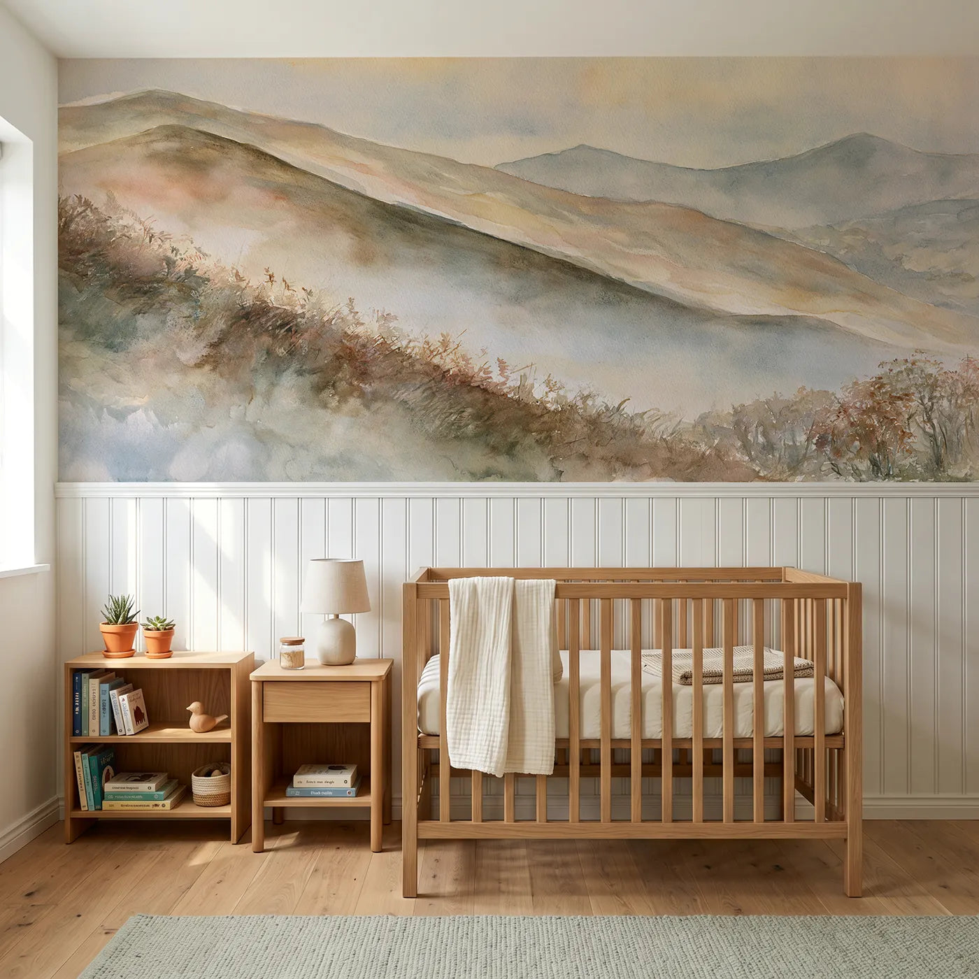 Watercolor wainscoting wallpaper of the old soft fells by Whimsy Tots